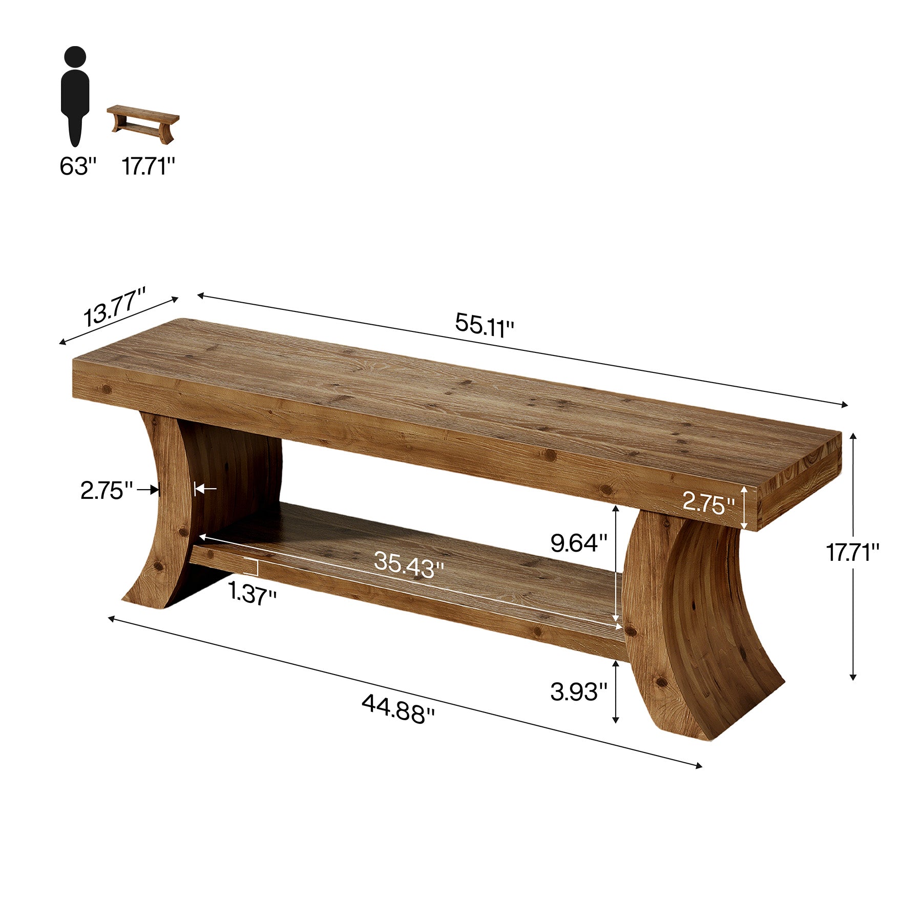 55" Solid Wood Dining Bench with Storage Shelf, Farmhouse Kitchen & Dining Table Bench Seating