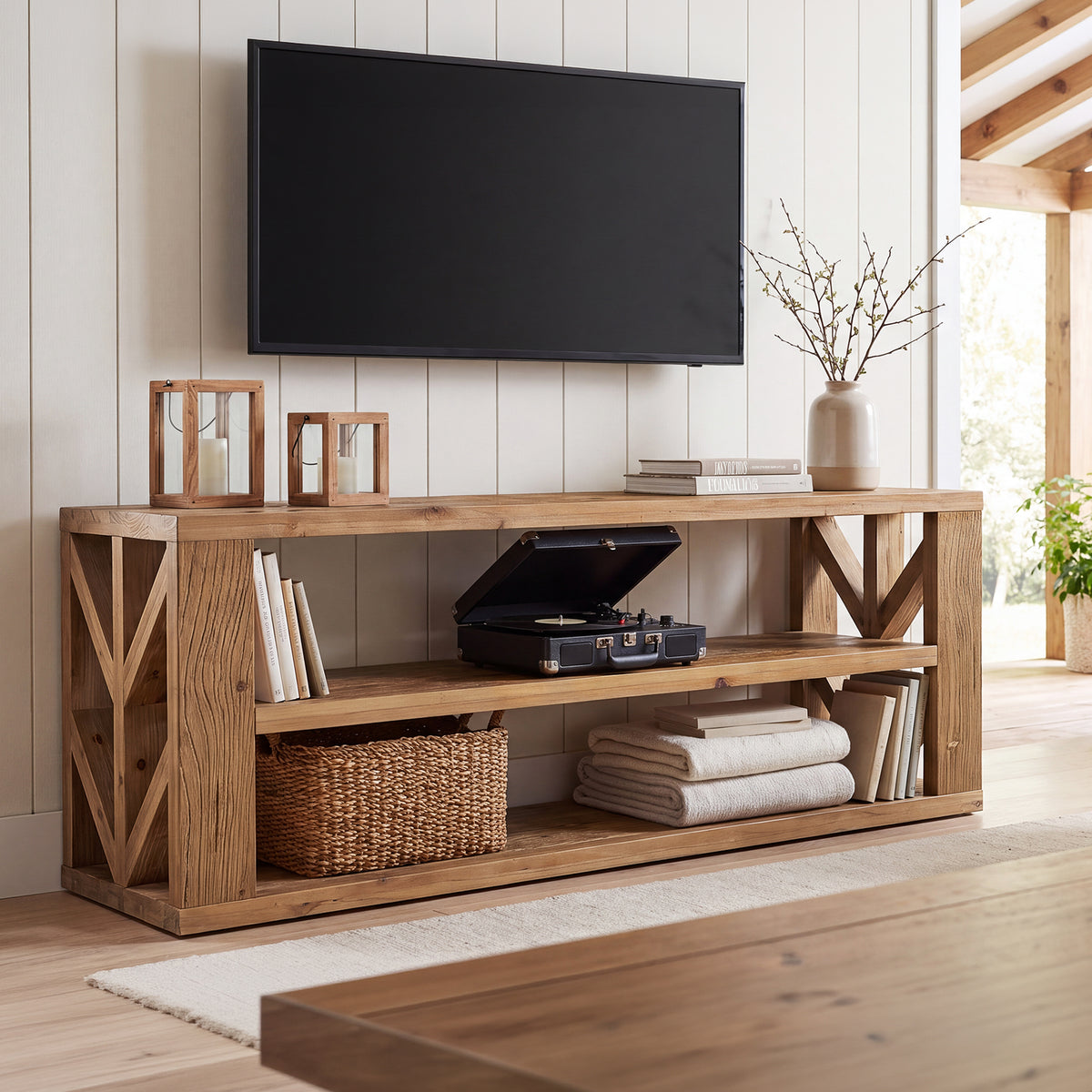 3-Tier Solid Wood TV Stand for TVs up to 55", Entertainment Center with Open Shelf for Living Room