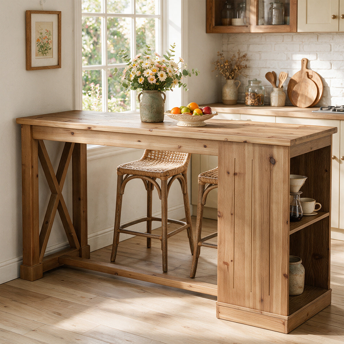 63" Counter Height Bar Table, Farmhouse Solid Wood, Rectangular with 2-Tier Storage