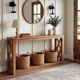 63" Solid Wood Console Table, 2-Tier Open Storage Entryway Table with X-Shaped Sides 3