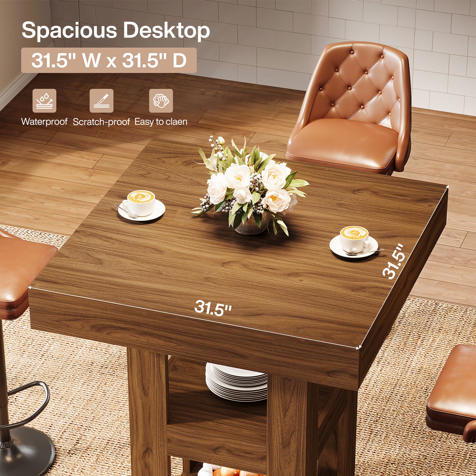 31.5" 3-Tier Wooden Pub Table – Square Home Bar Table with Storage Shelves for Kitchen, Dining