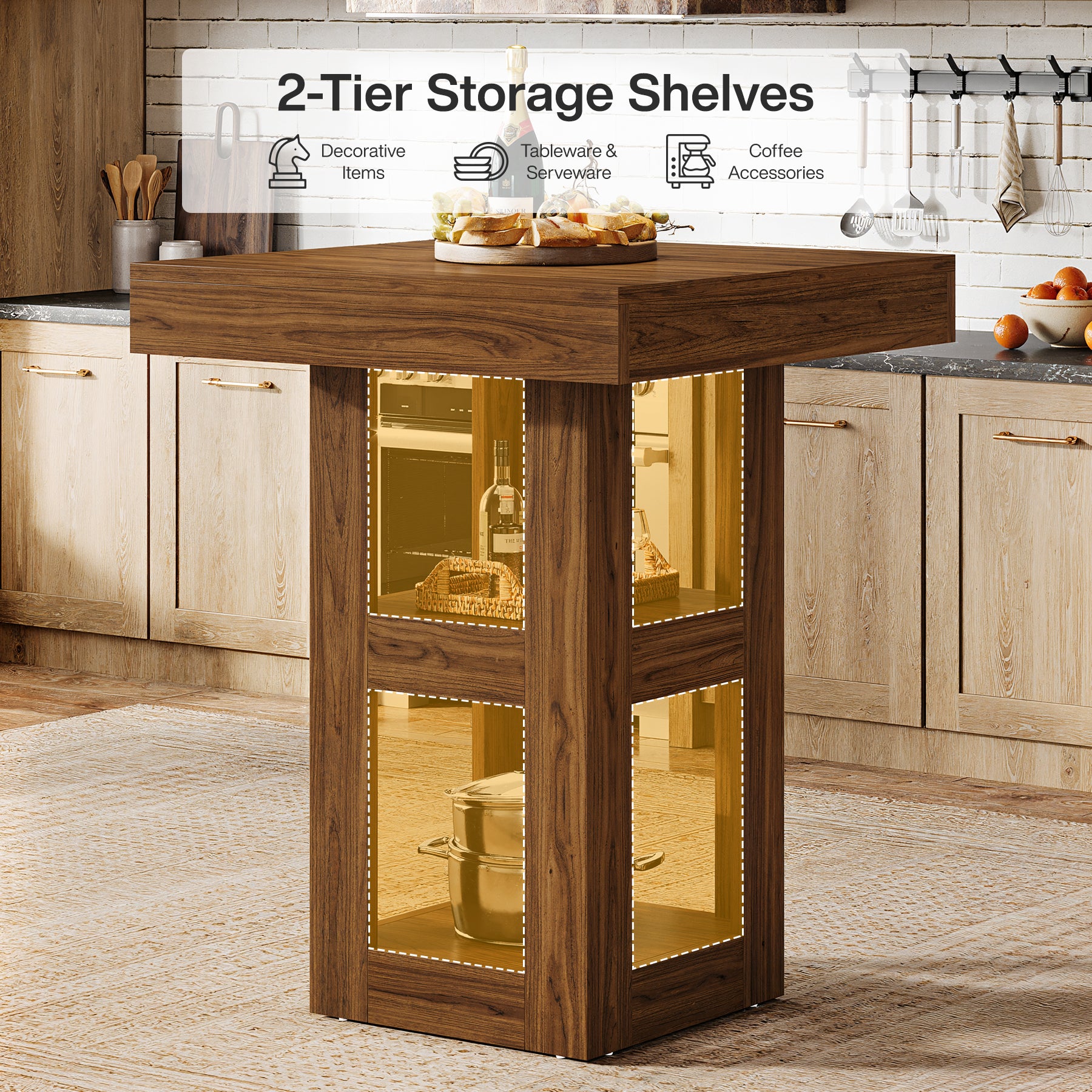 31.5" Square Kitchen Island with 3-Tier Storage, Wooden Home Bar Table