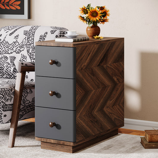 Wood End Table, 3-Drawer Narrow Side Table Storage Cabinet