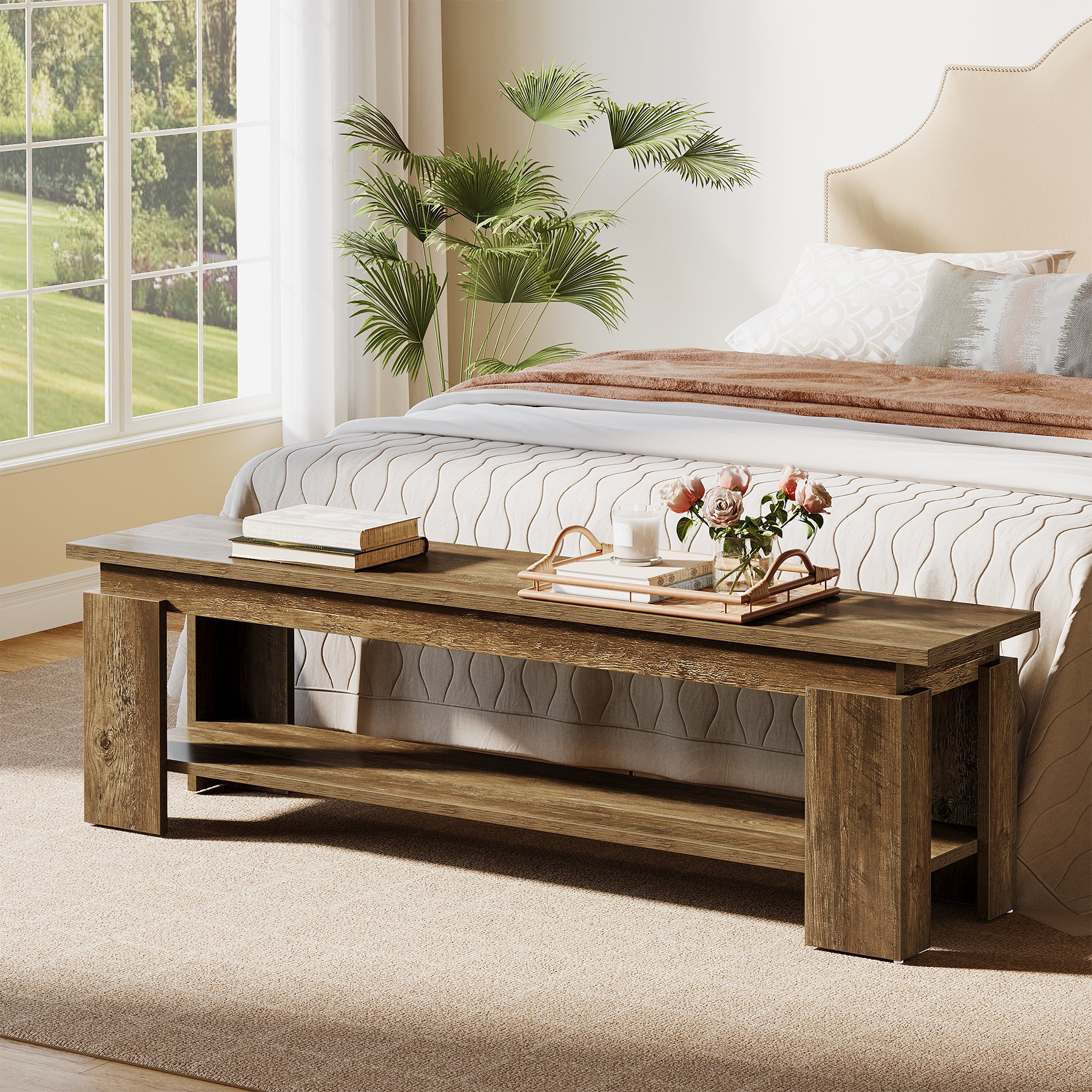 63" Entryway Bench, Farmhouse Shoe Bench End of Bed Bench with Storage Shelf