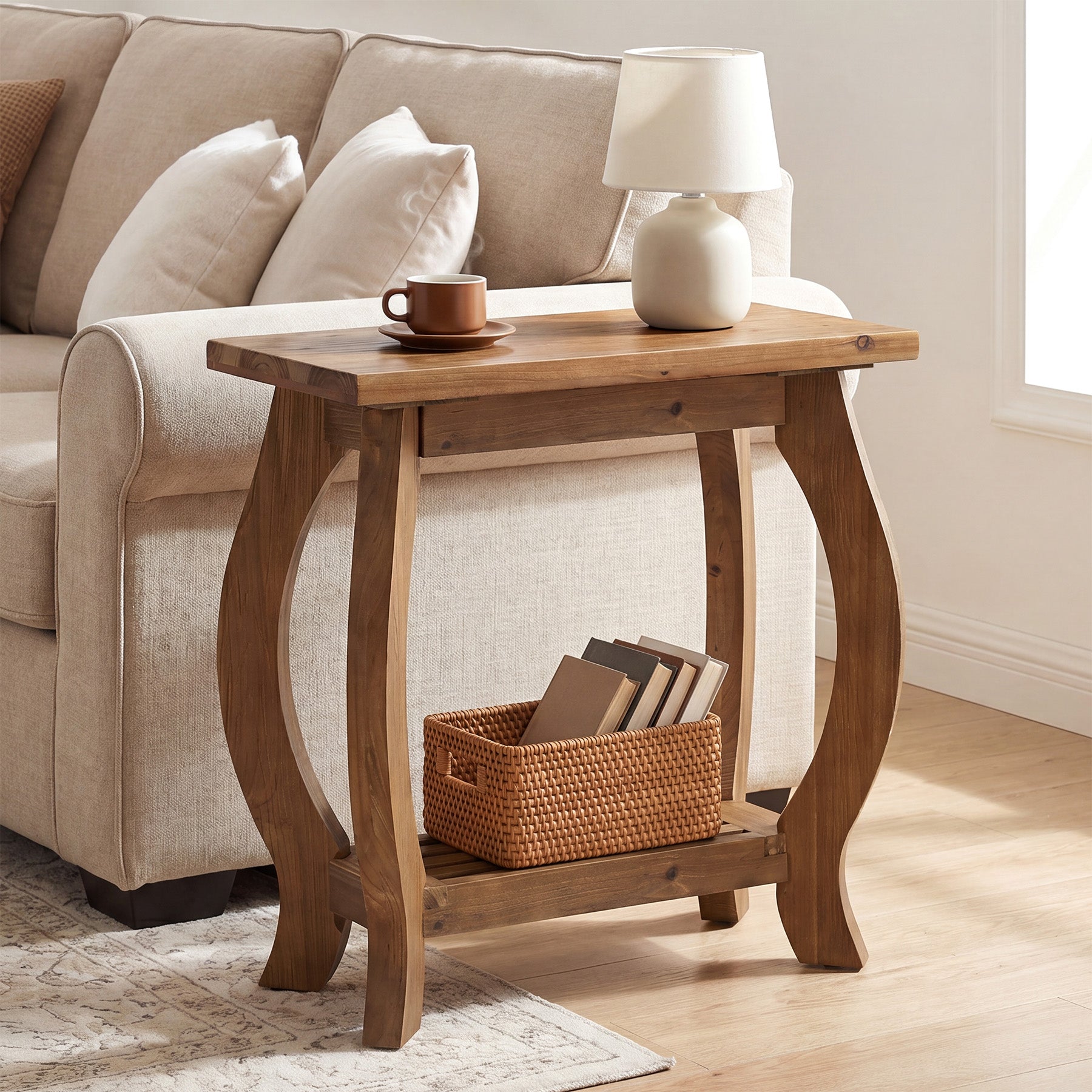 2-Tier Solid Wood End Table, Narrow Side Table with Shelf & Curved Legs for Small Spaces