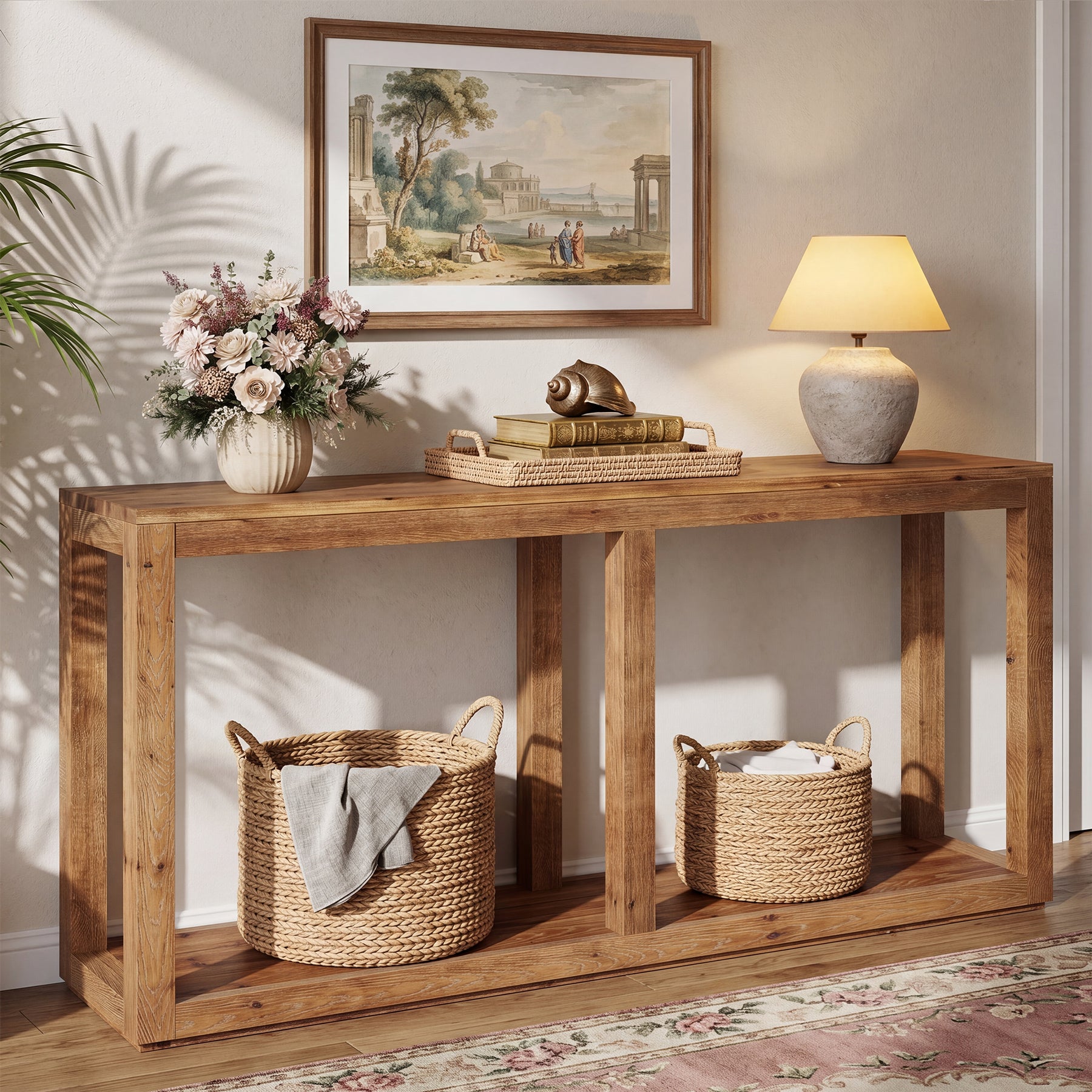 70.9" Solid Wood Console Table, 2-Tier Farmhouse Entryway Sofa Table Behind Couch