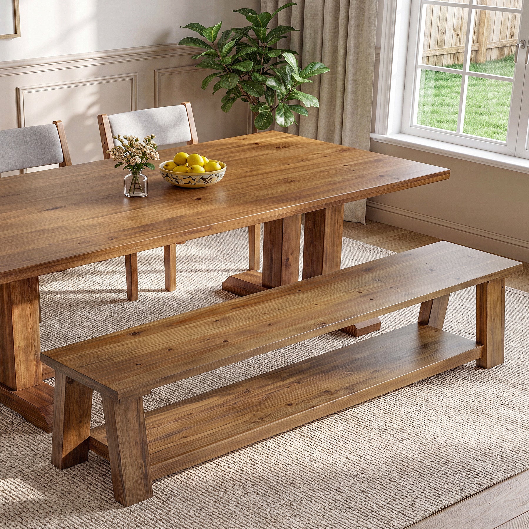 70.87" Solid Wood Dining Bench, Farmhouse Kitchen Bench with 2-tier Shelf for Dining Room