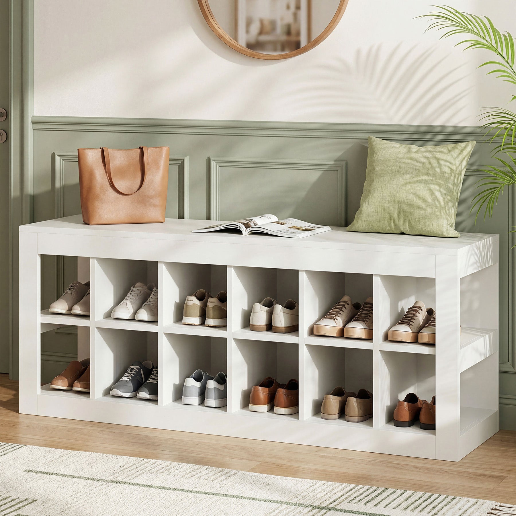 52.36" Shoe Storage Bench with 12 Cubbies, Wooden Entryway Bench for Hallway