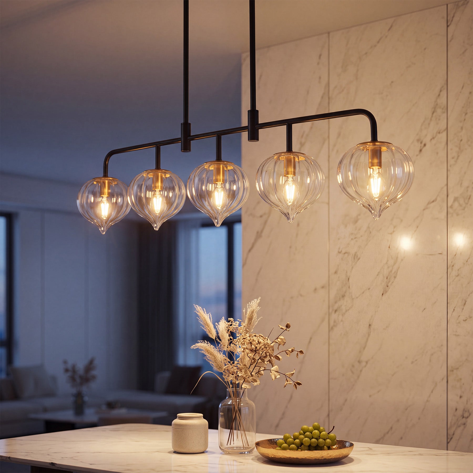 5-Light Pendant Light, Linear Kitchen Island Light Fixture with Adjustable Downrods & Clear Ribbed Glass Shades