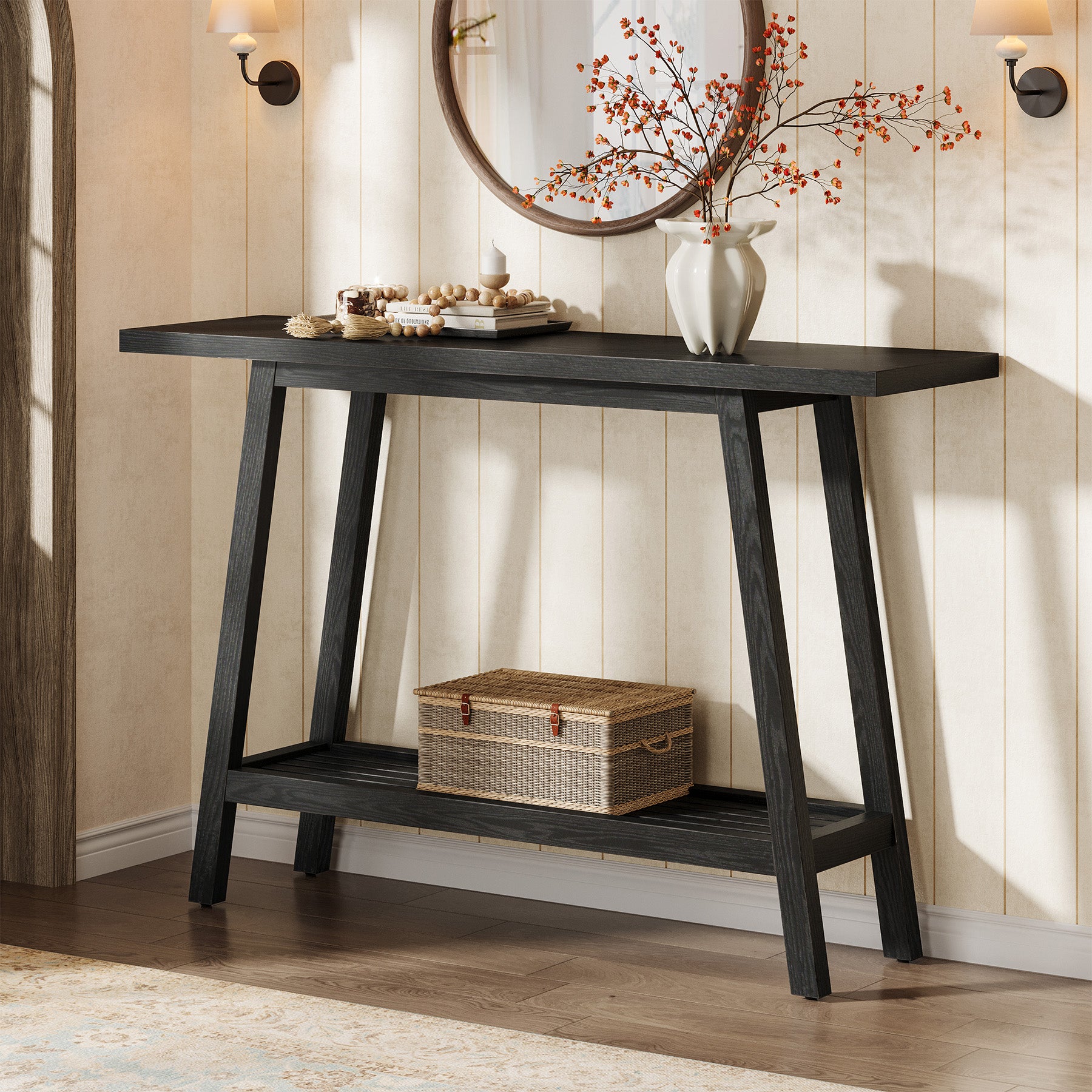 2-Tier Solid Wood Console Table, 41.3" Entryway Table with Storage Shelf