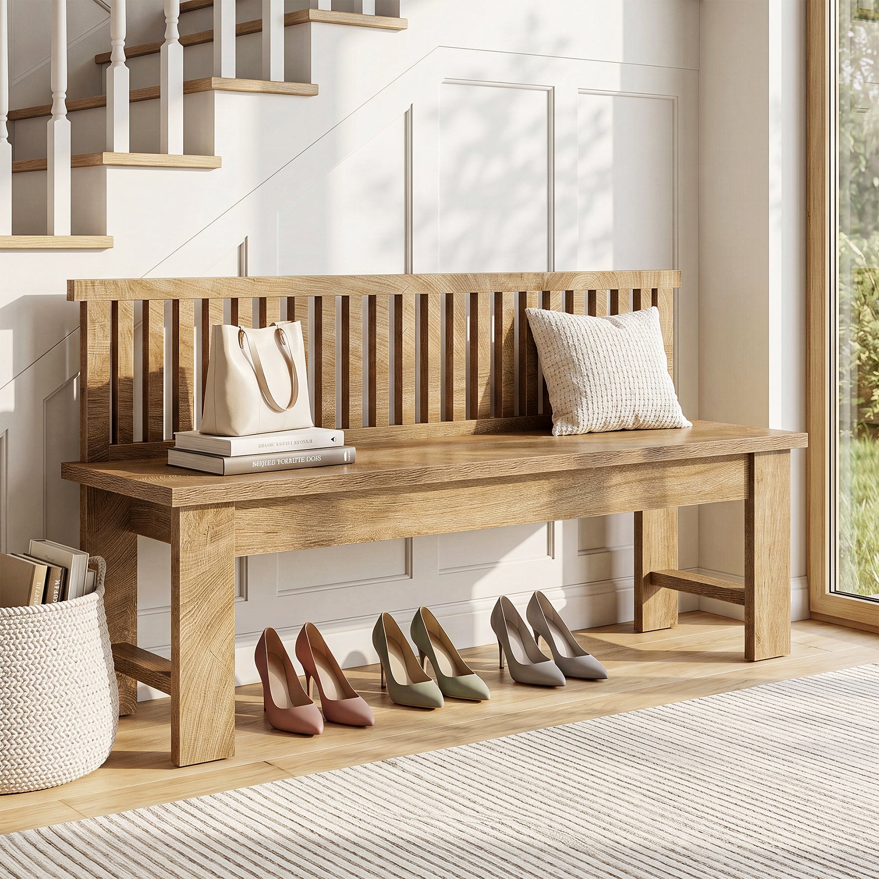 55" Entryway Bench, Farmhouse Seating Bench with Vertical Stripes Backrest for Hallway