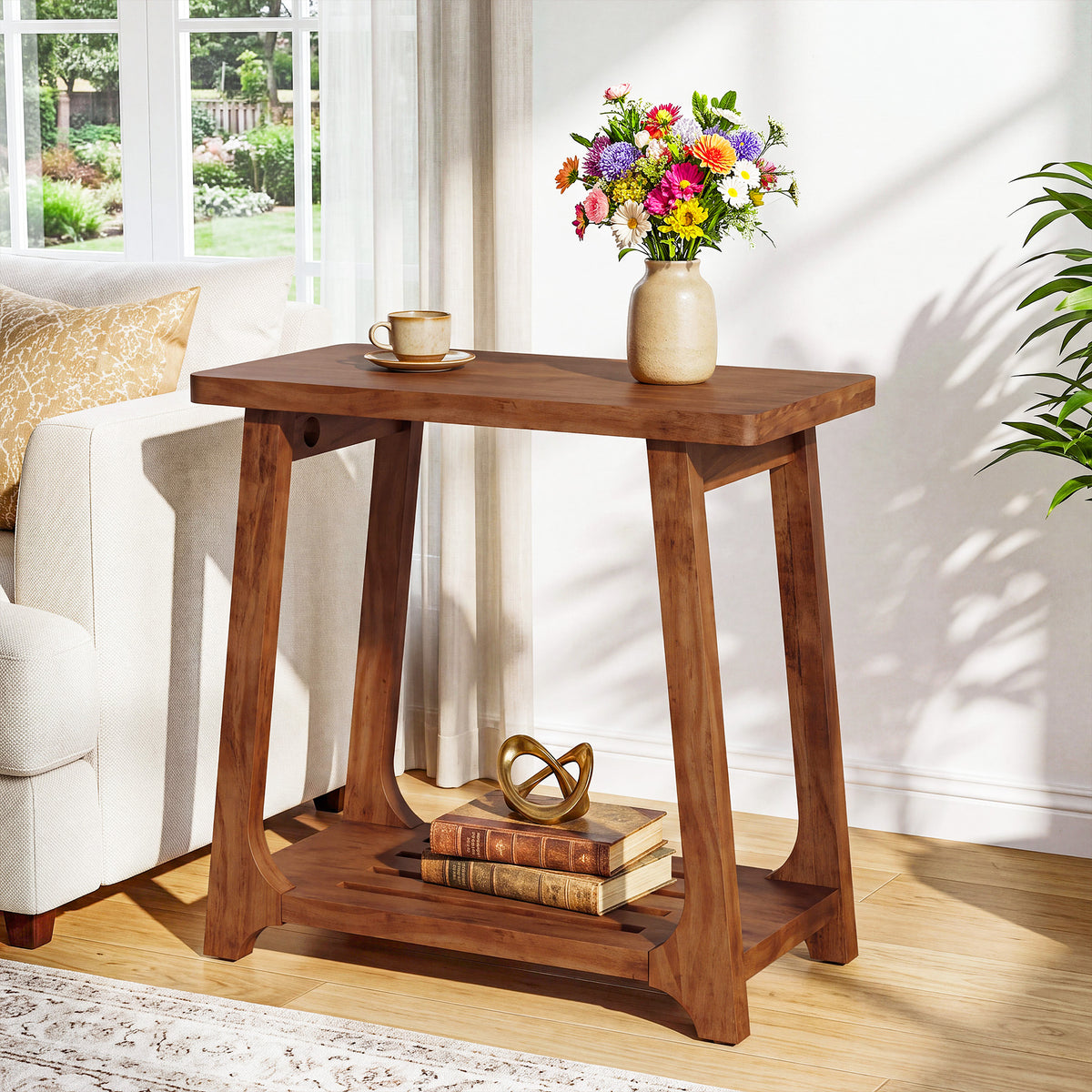 Narrow Solid Pine Wood Side Table, 2-Tier Rectangular End Table with Storage