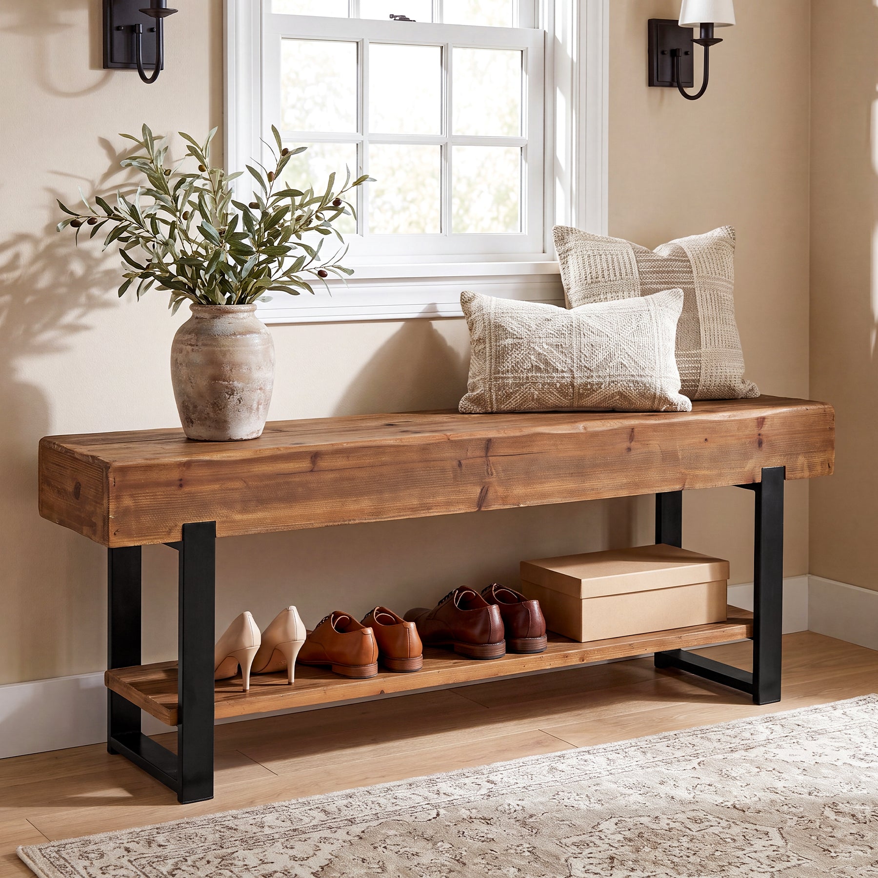63" Solid Wood Entryway Bench, 2-Tier Shoe Storage Bench with Metal Frame