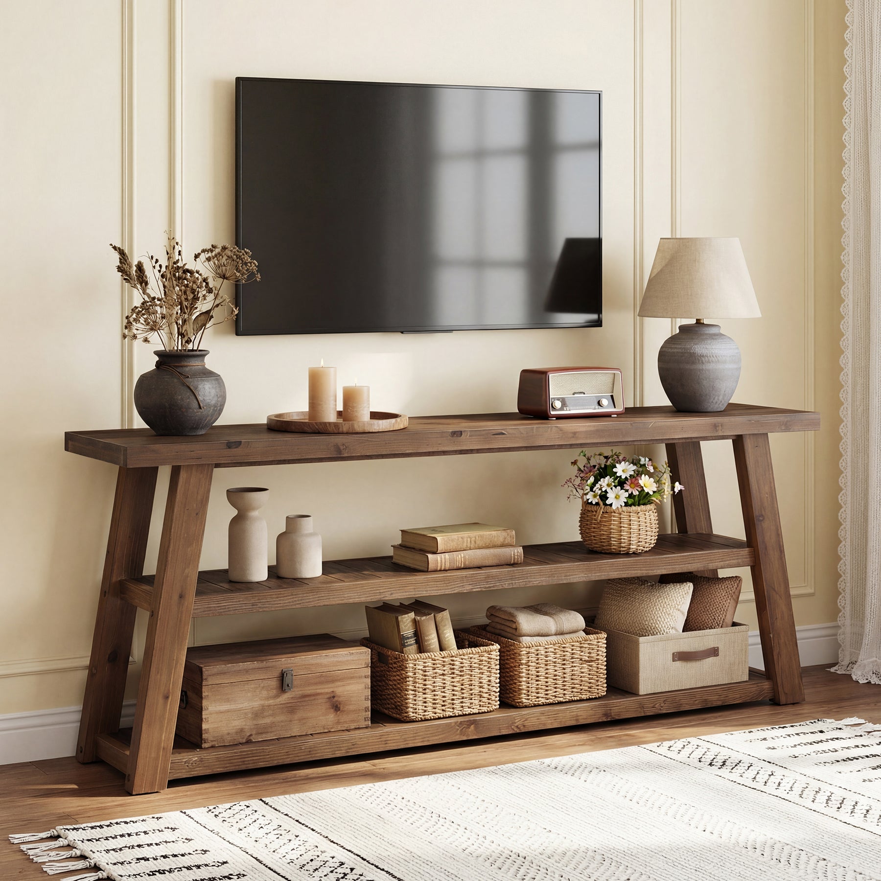 3-Tier Solid Wood TV Stand, 63" Entertainment Center with Open Shelves