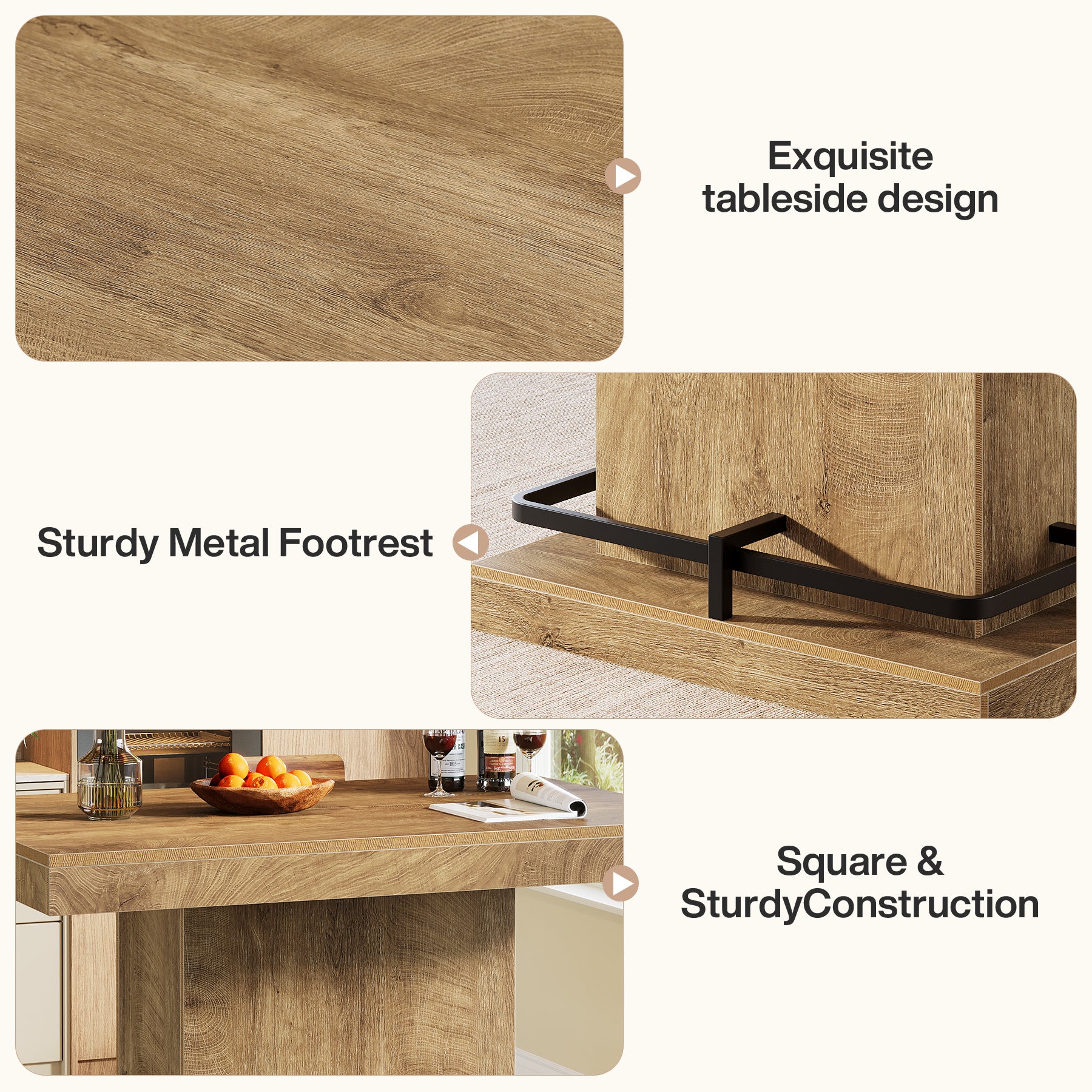 47" Bar Table, Rectangular Bistro Pub Table with Metal Footrest