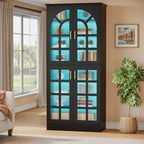 69" Storage Cabinet, Modern Bookcase with Doors and LED Lights