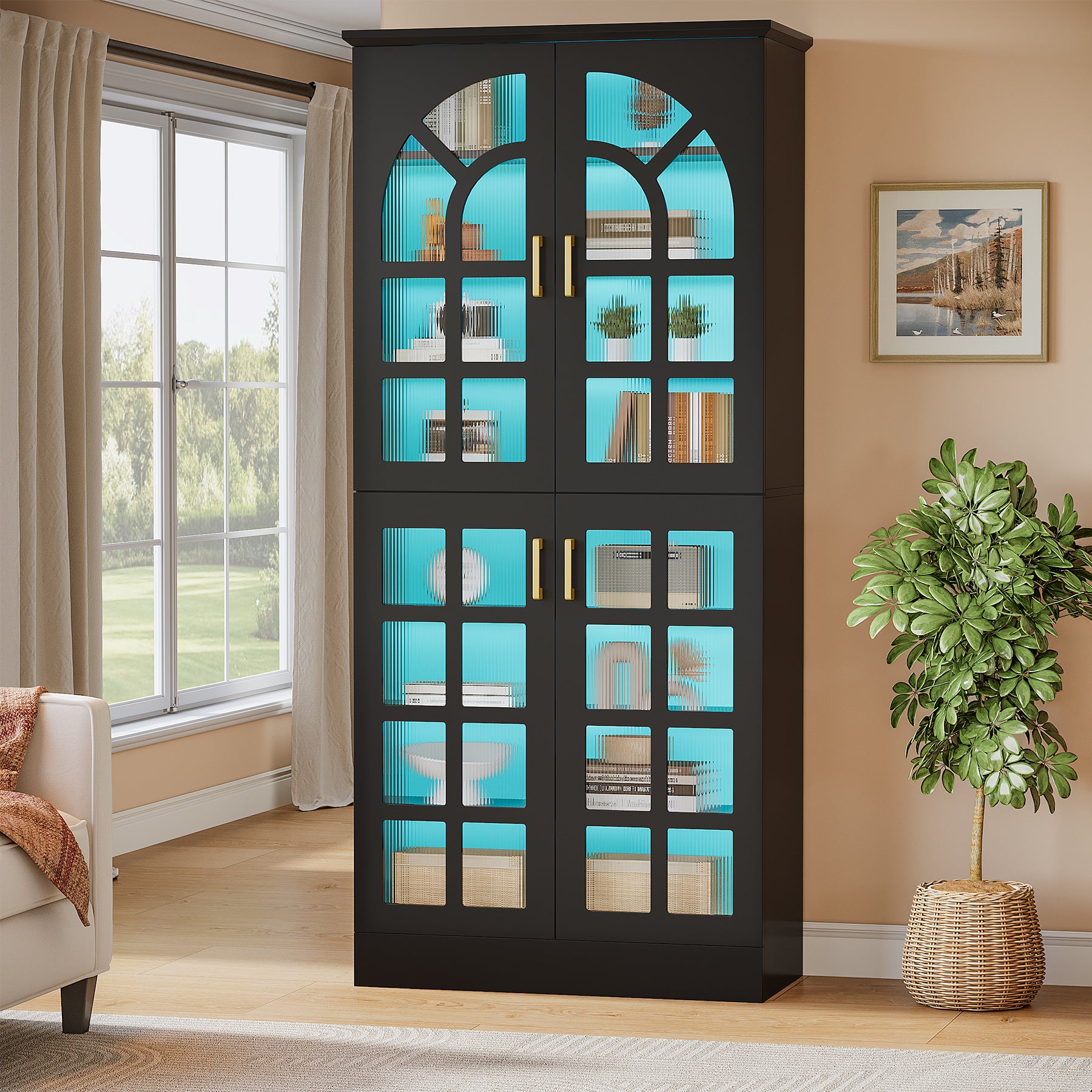 69" Storage Cabinet, Modern Bookcase with Doors and LED Lights