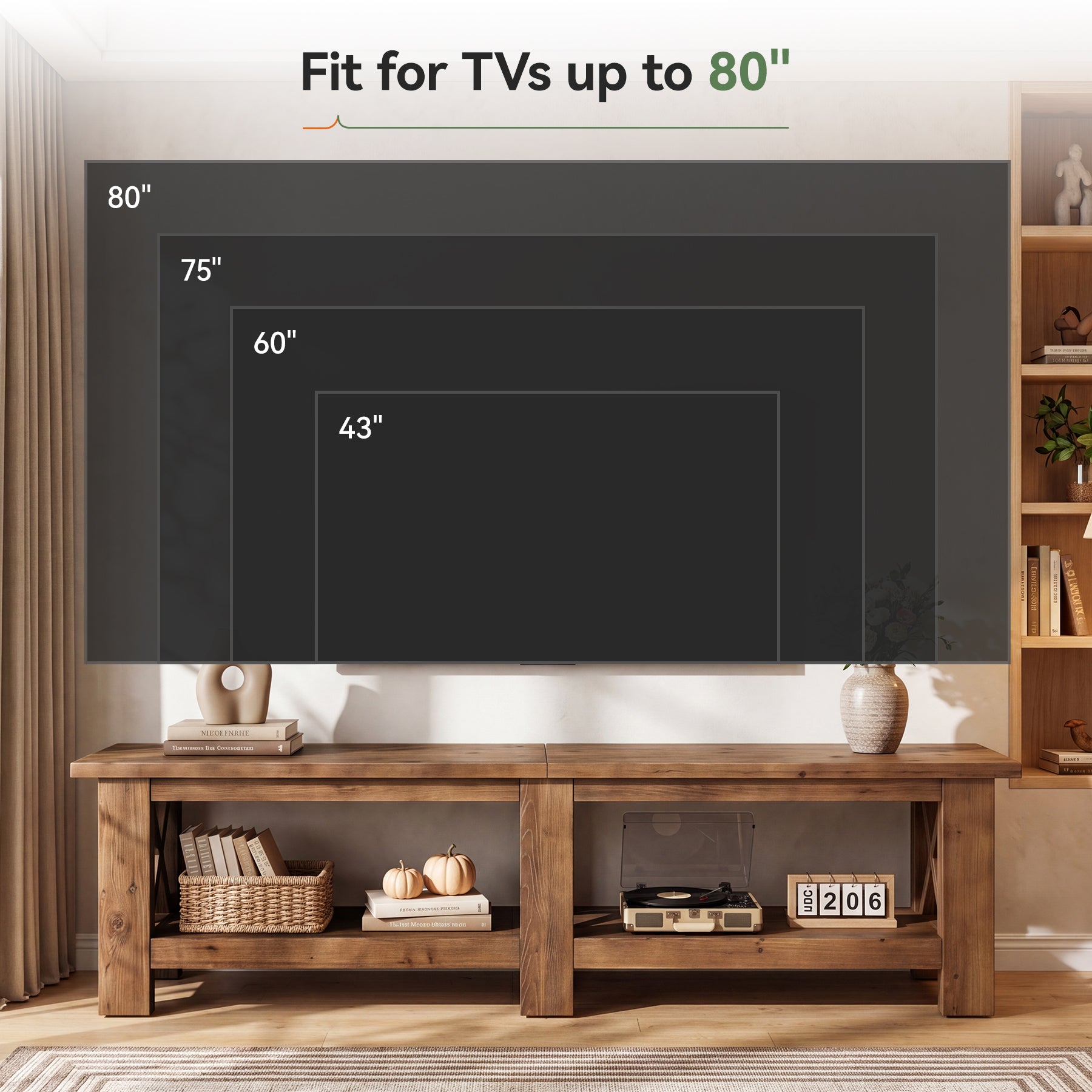70.87" Solid Wood TV Stand for TVs up to 80", Farmhouse Entertainment Center with Storage Shelves