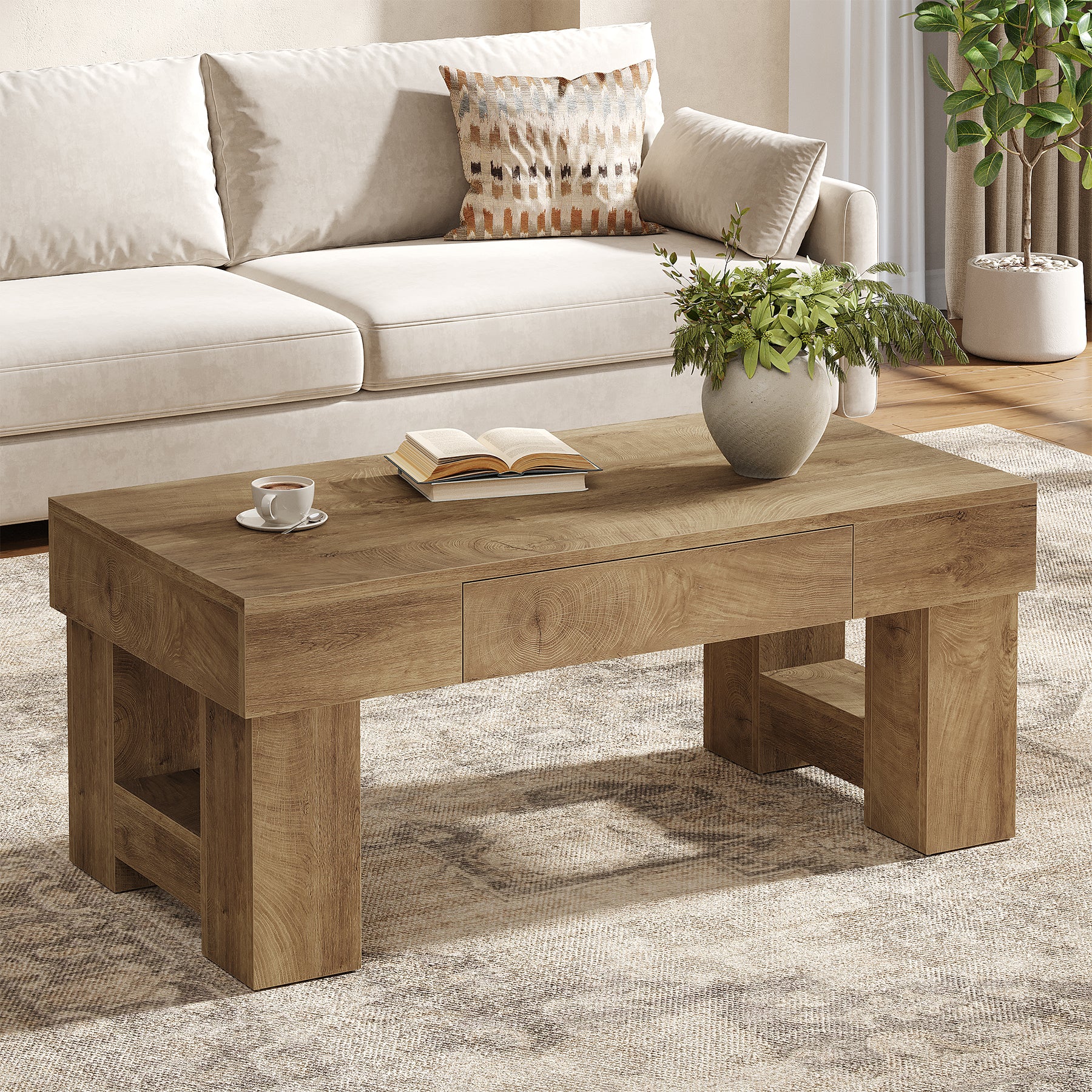 Coffee Table with Storage Drawer, 47" Farmhouse Center Cocktail Table