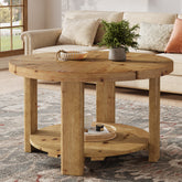31.5" Solid Wood Coffee Table, Round Center Table with 2-Tier Storage 3
