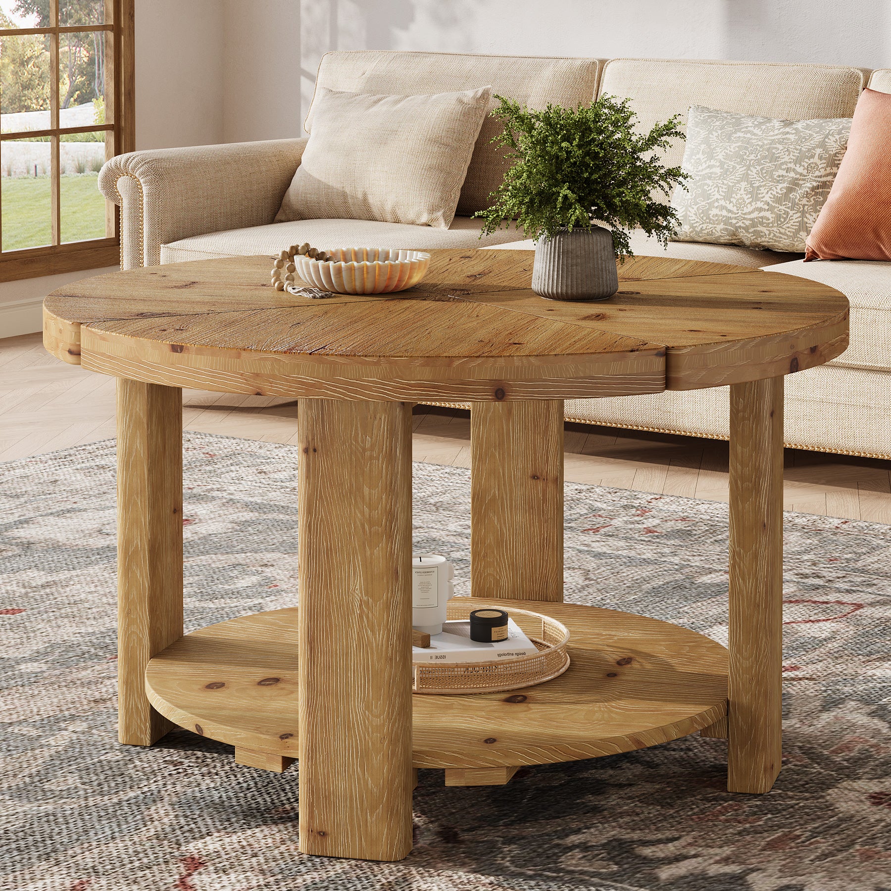 31.5" Solid Wood Coffee Table, Round Center Table with 2-Tier Storage