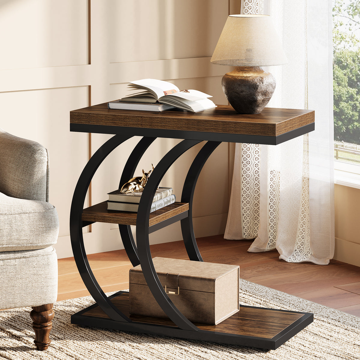 23.6" End Table, 3-Tier Couch C-Shaped Side Table with Storage