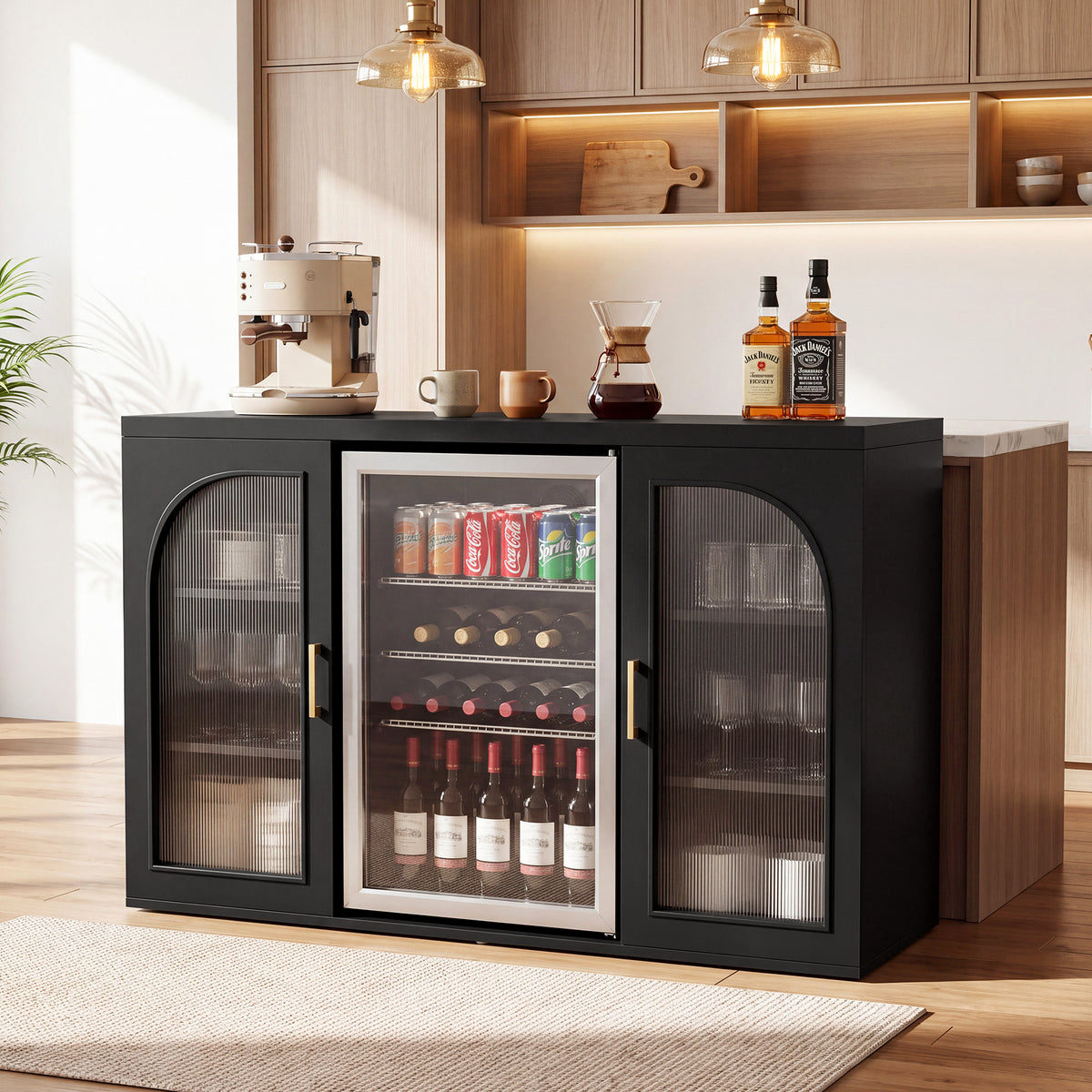 53" Coffee Bar Cabinet with Mini Fridge Space & LED Lights, Fluted Acrylic Door