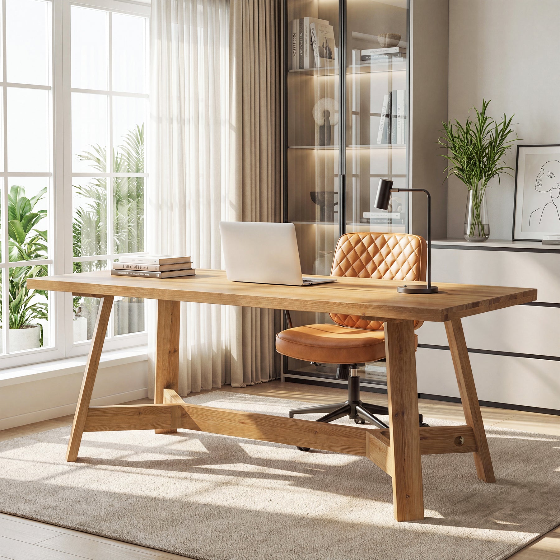 63" Solid Wood Computer Desk, Rectangular Executive Desk Study Table for Home Office