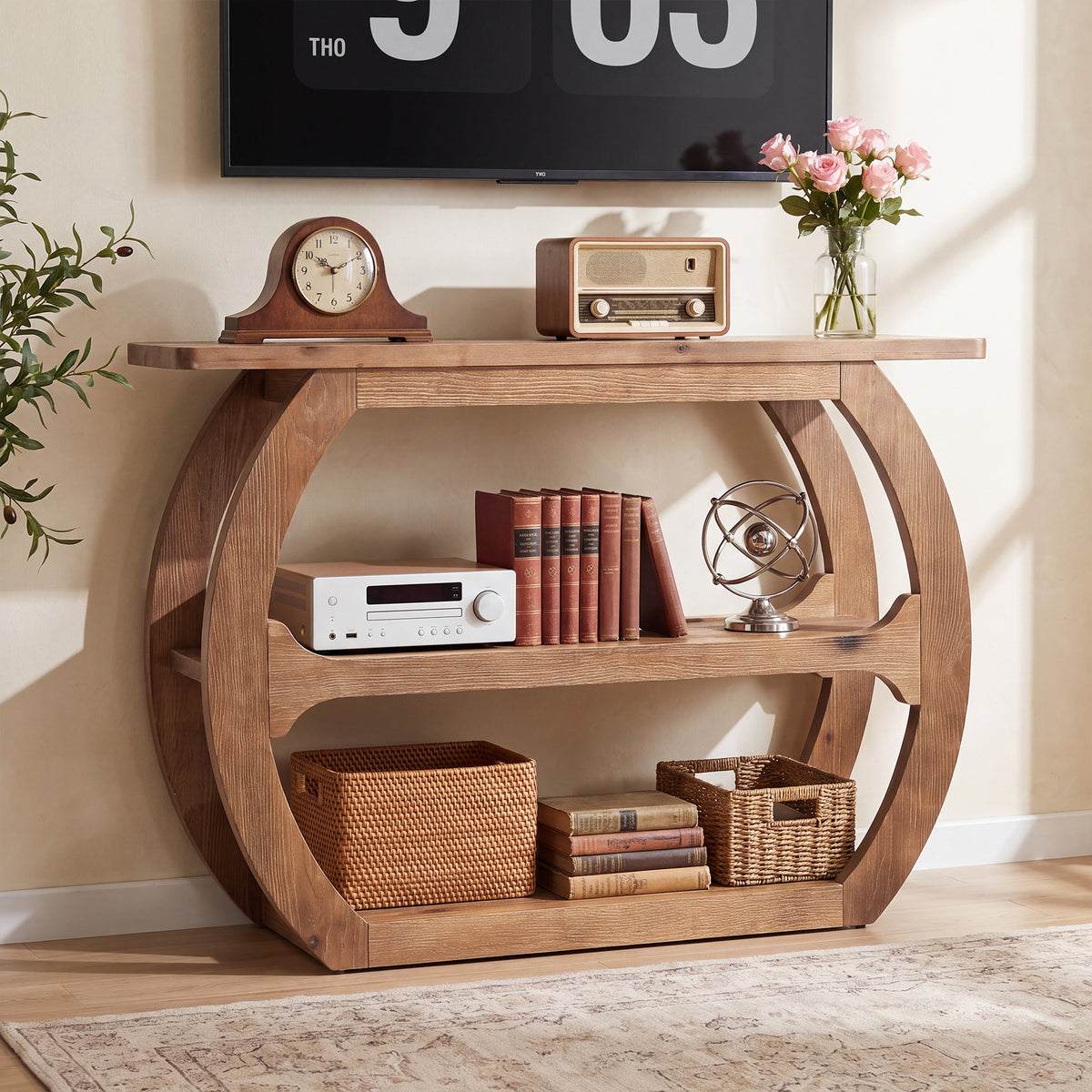 41" Farmhouse TV Stand for 55" TV, 3-Tier Solid Wood Small Entertainment Center, TV Console