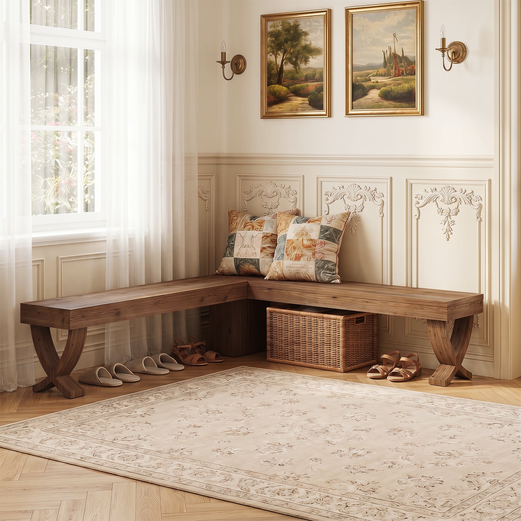 55" L-Shaped Corner Bench, Farmhouse Nook Dining Bench with X-Shaped Leg