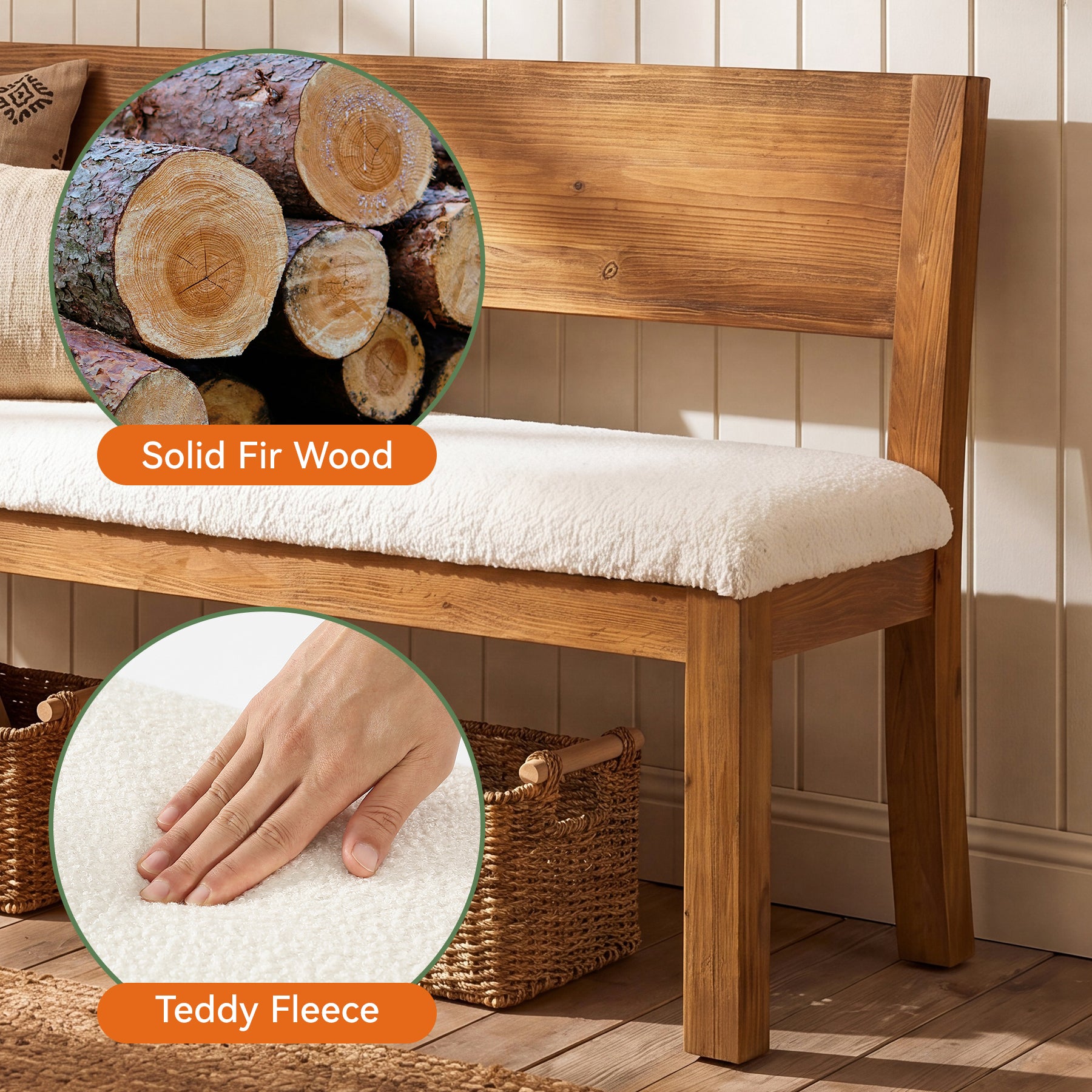 55" Entryway Bench, Upholstered Storage Bench with Backrest for Hallway