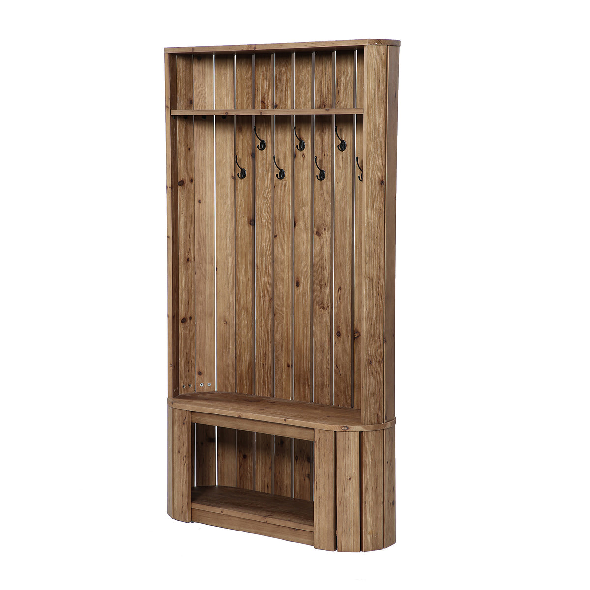 Solid Wood Hall Tree with Bench & Shoe Storage, 7 Hooks, Freestanding Entryway Coat Rack