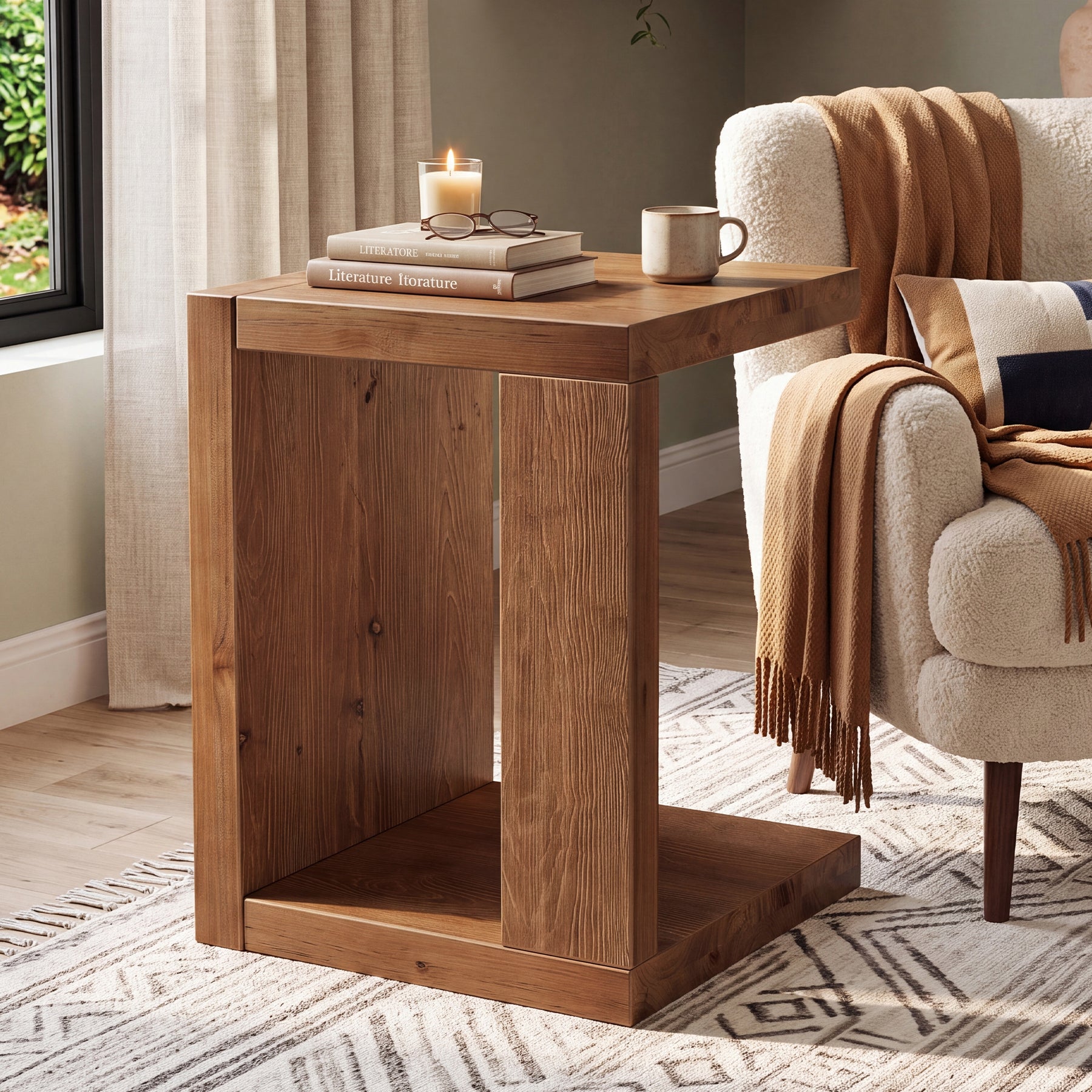 Solid Wood End Table, 2-Tier Side Table with Hollow-Frame for Living Room, Bedroom