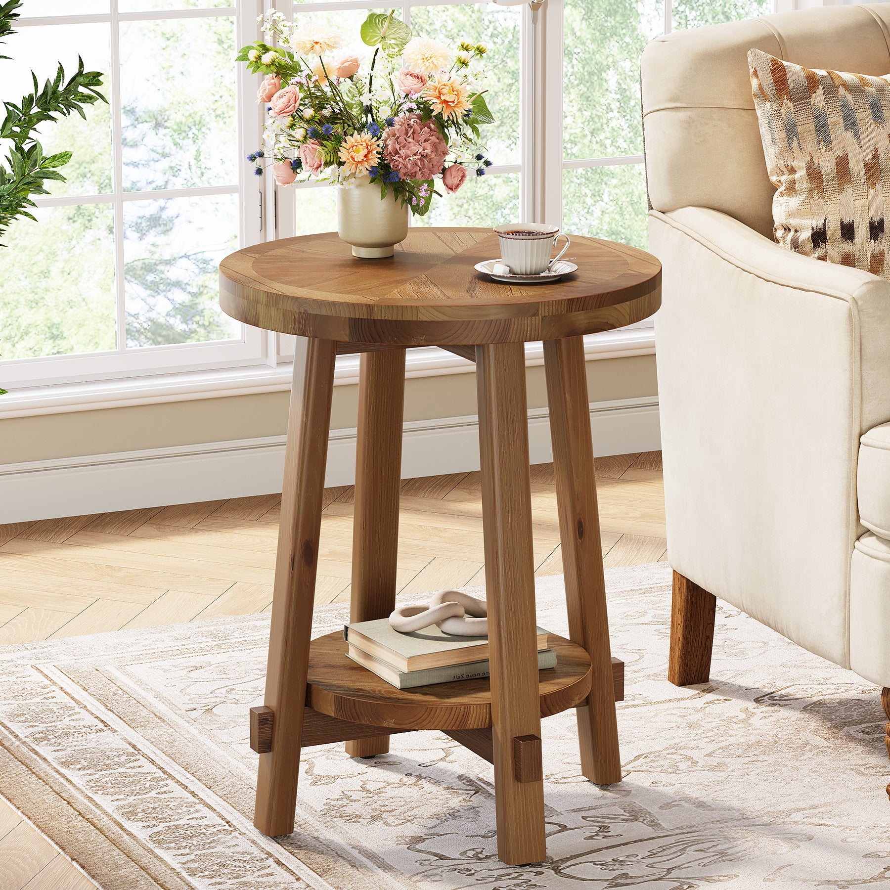 19.6" Round End Table, Solid Wood Side Table with 2-Tier Storage