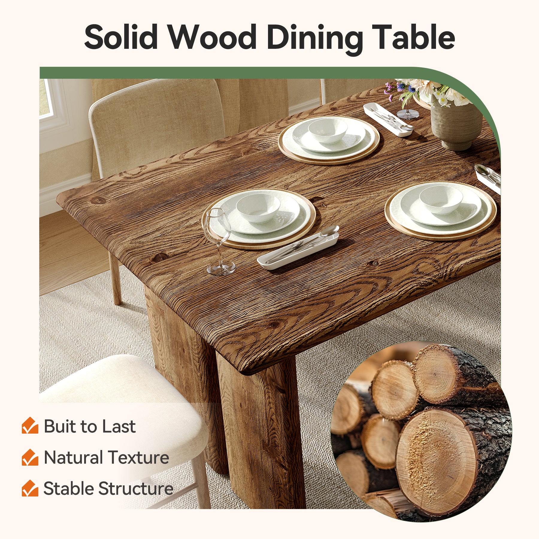63" Solid Wood Dining Table, Rectangle Kitchen Table for 4-6 People