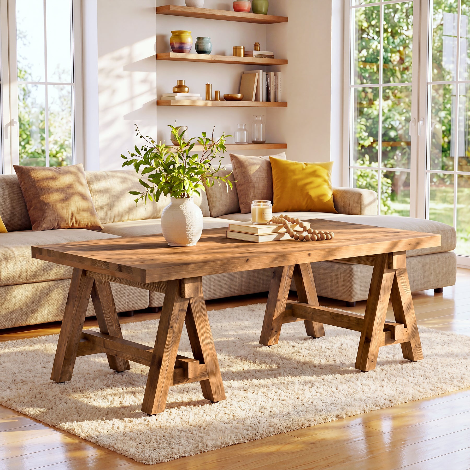 Solid Wood Coffee Table, 47" Farmhouse Center Table with Trestle Base for Living Room