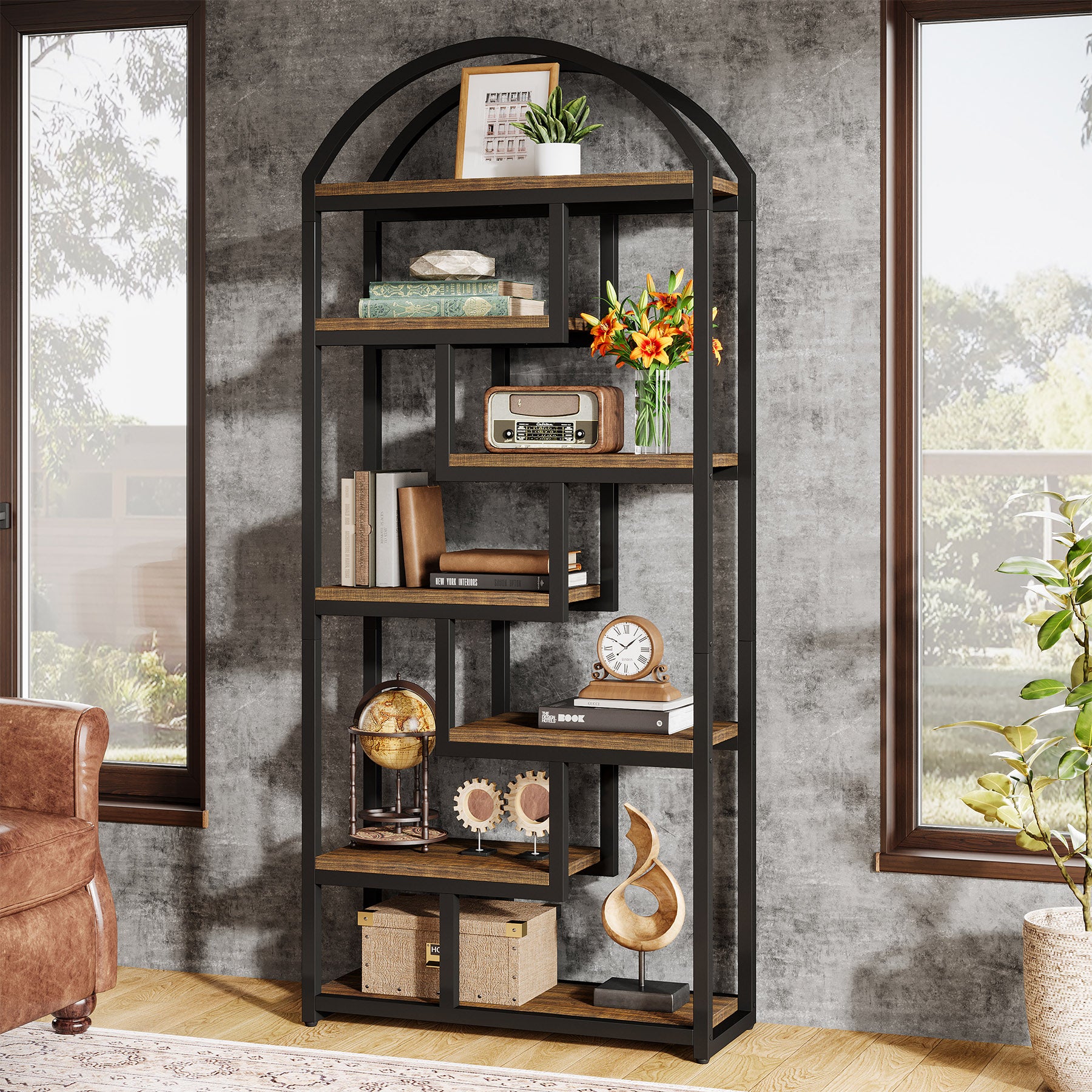 71" Industrial Bookshelf, Arched Bookcase with Open Display Shelves