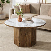 31.5" Round Coffee Table with Sintered Stone Top and Solid Wood Base 3