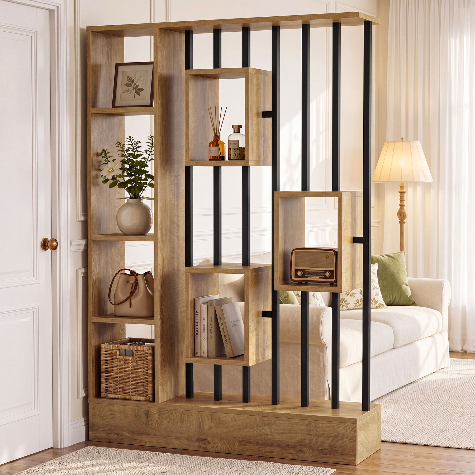 71" Room Divider with Shelves & Coat Hooks, Freestanding Wall Partition, Bedroom Living Room