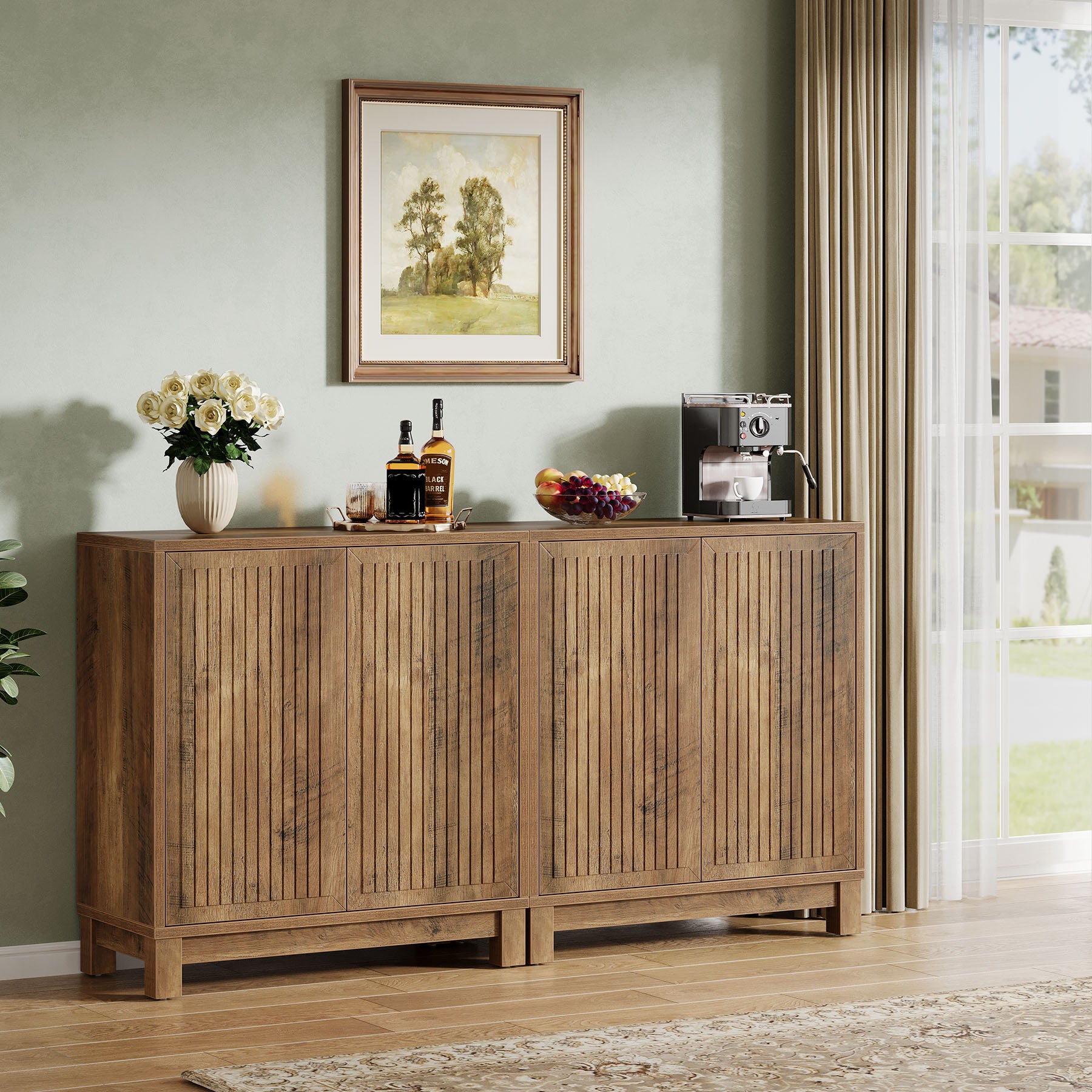 Fluted Sideboard Buffet Cabinet with Adjustable Shelves & 4 Push-Spring Doors