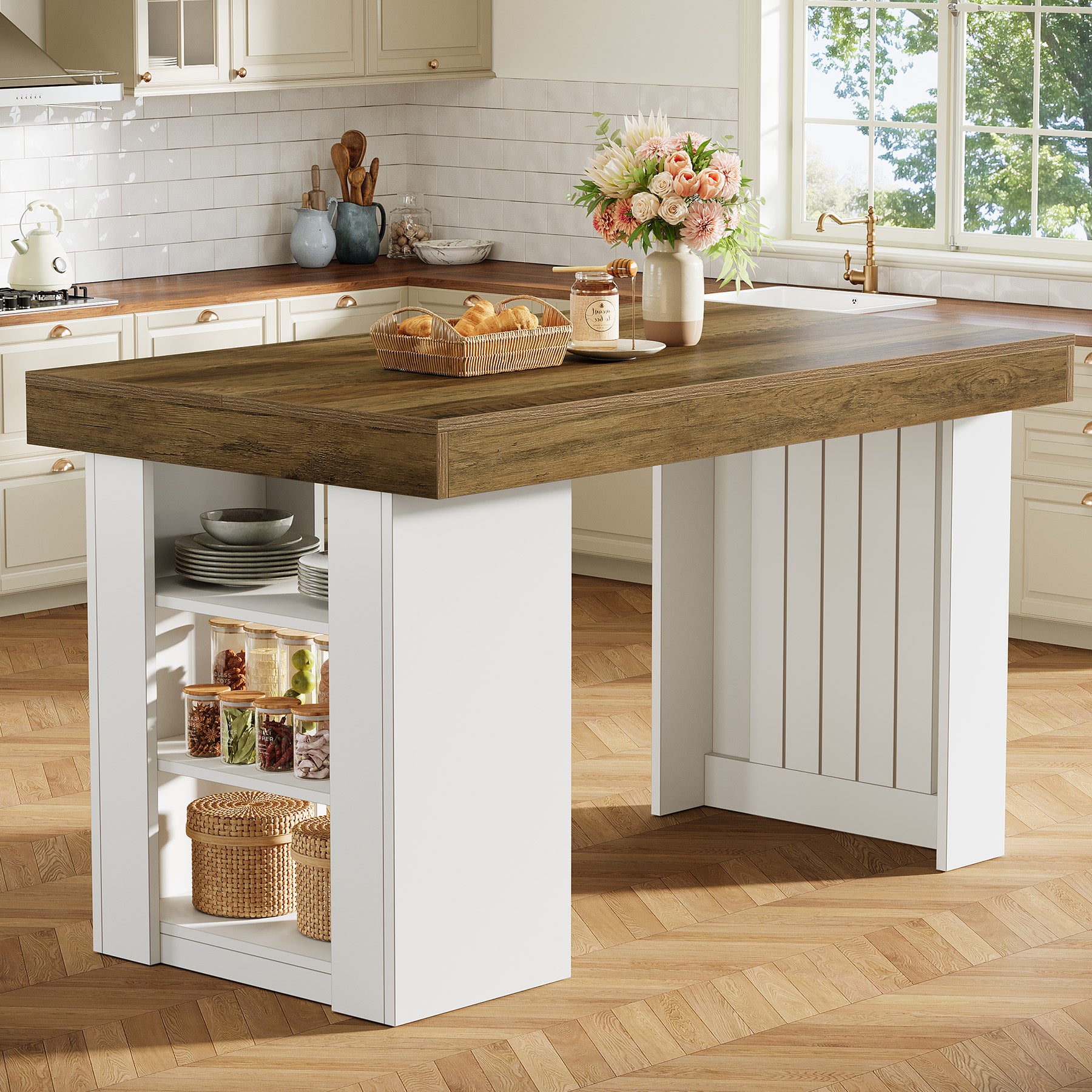 55" Kitchen Island with Storage, Farmhouse Stationary Island Table for Kitchen