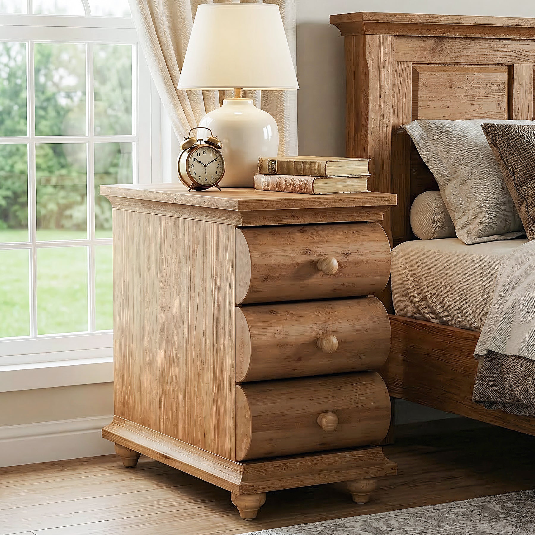 Solid Wood End Table with 3 Drawers, Narrow Side Table with Storage