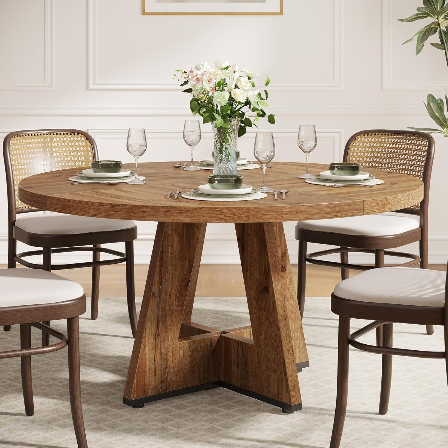 47-Inch Round Farmhouse Dining Table for 4–6 with Cross-Style Pedestal Base