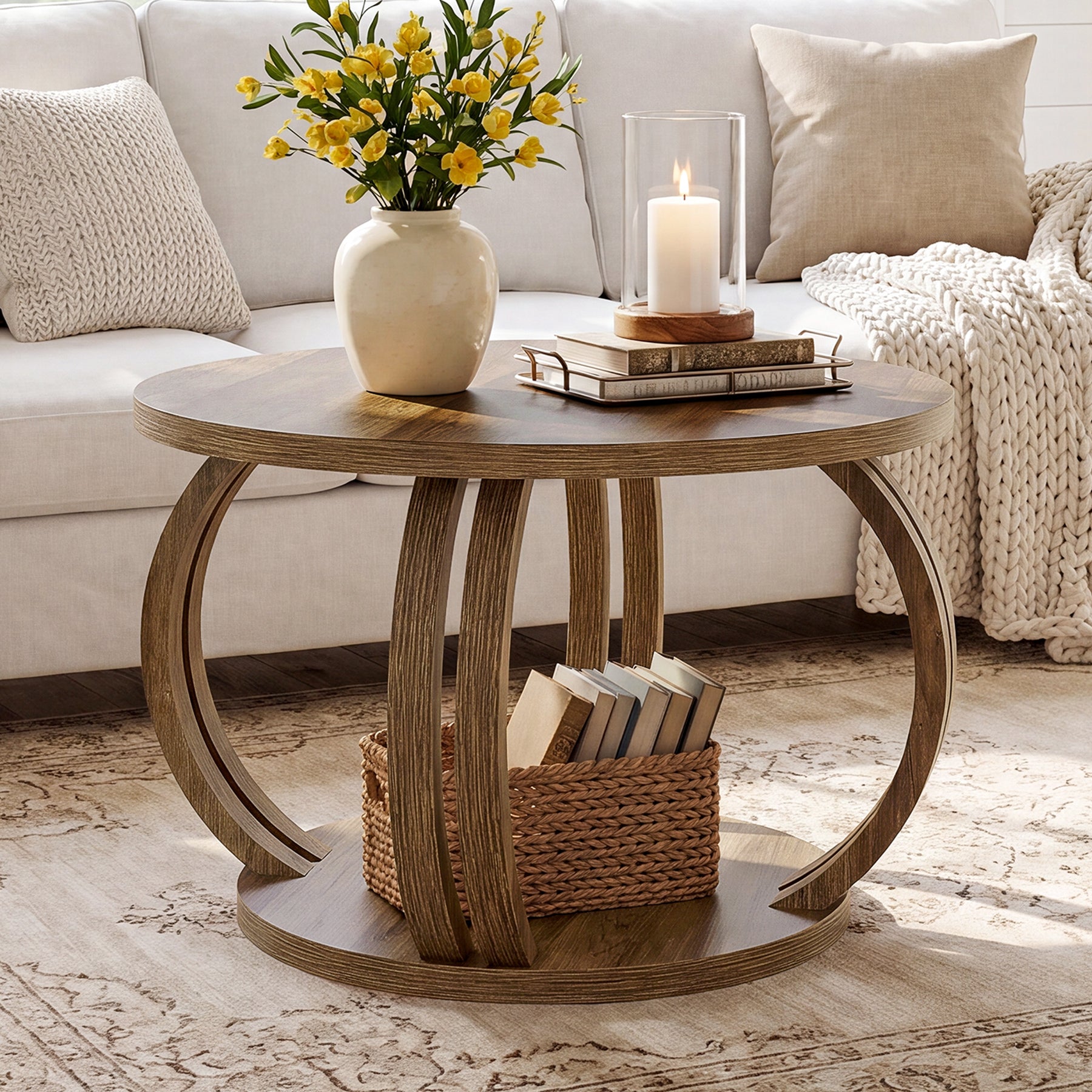 Round Coffee Table, 31.5" Center Table with 2-Tier Storage Shelf & Sculptural Curved Base