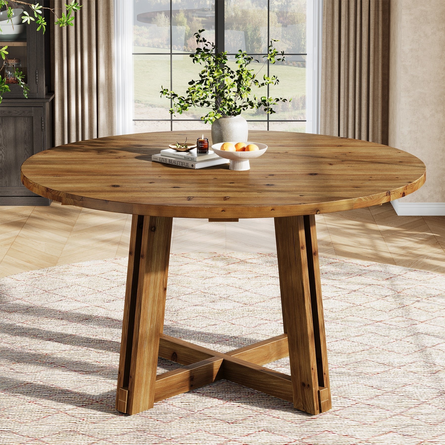 47" Round Dining Table, Solid Wood Kitchen Table with Sturdy Legs for 4-6