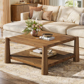 Square Solid Wood Coffee Table, 34" Farmhouse Center Table with 2-Tier Storage 3