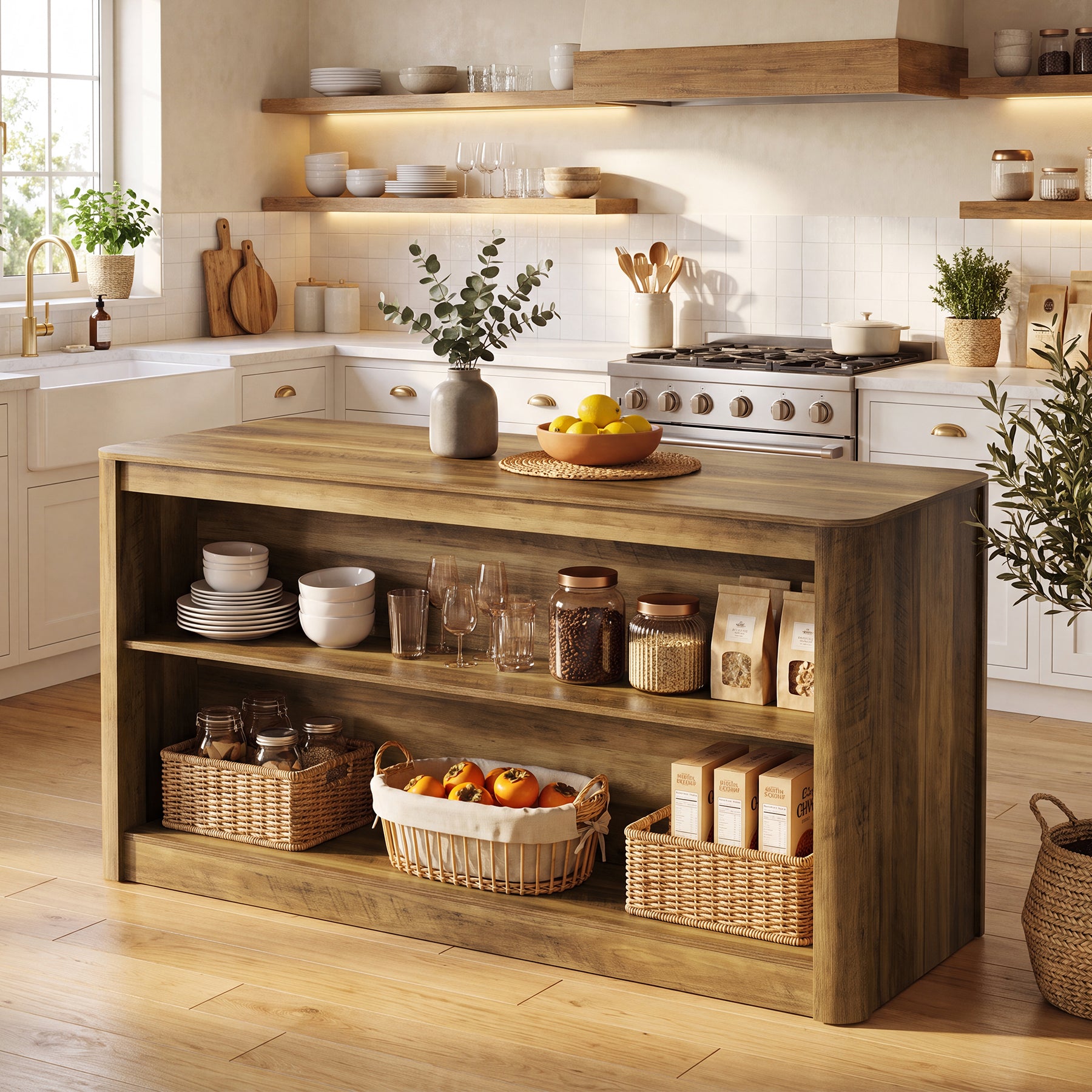 59.1" Kitchen Island, 3-Tier Stationary Island Table with Open Storage for Kitchen, Dining Room