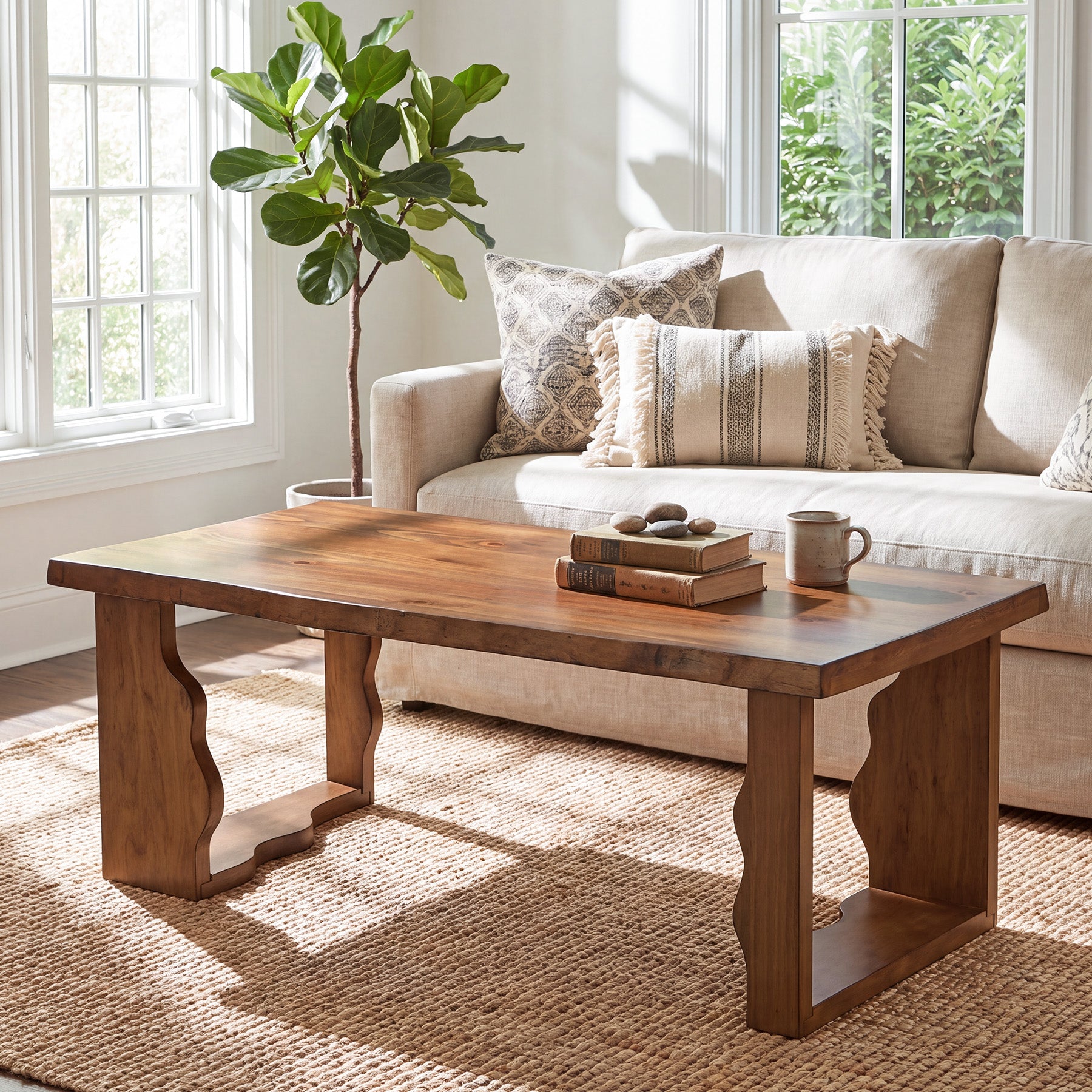 47" Solid Pine Coffee Table, Natural Edge & Cut-Out Legs, Farmhouse Rustic Wood Living Room