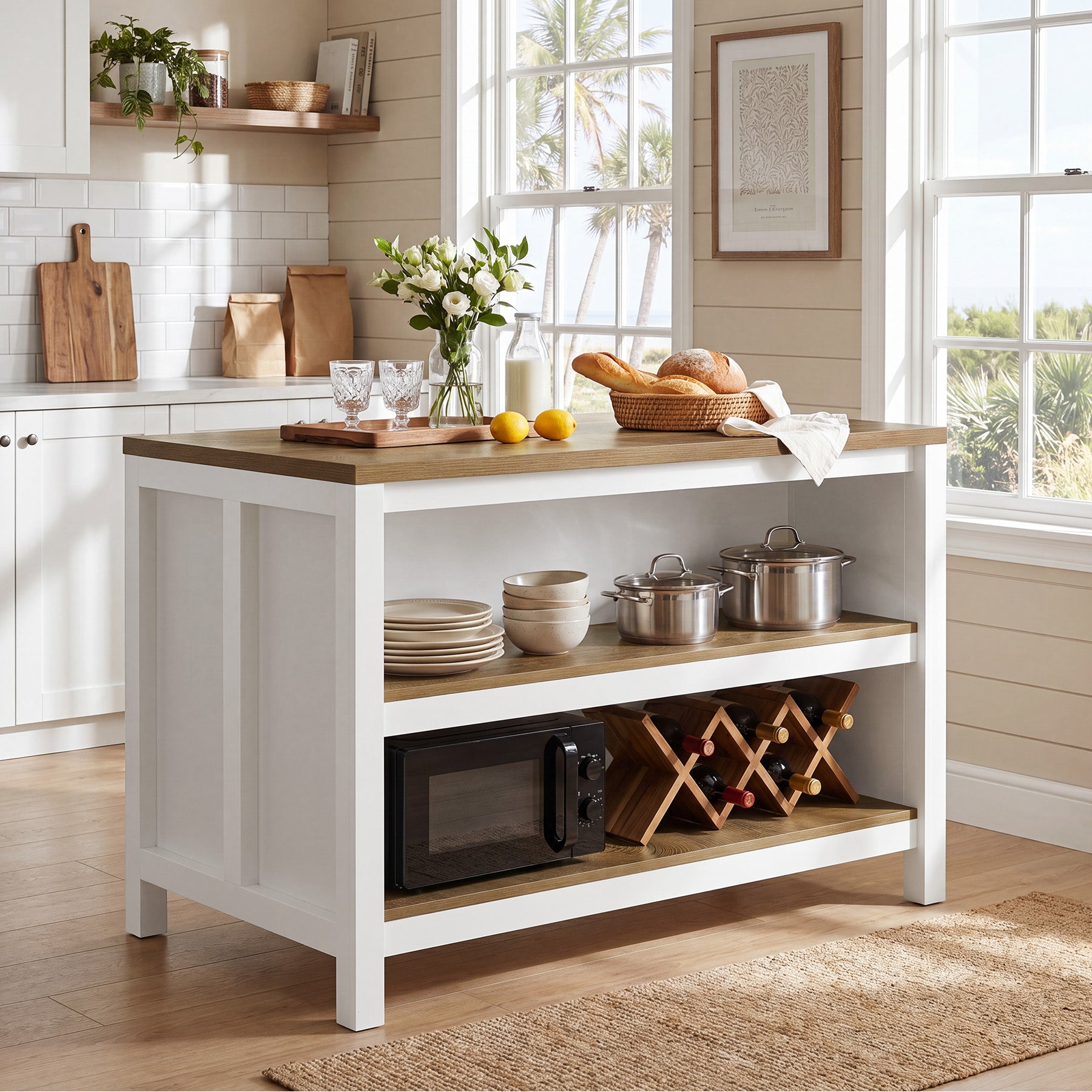 47" Kitchen Island, 2-Tier Farmhouse Wooden Stationary Island Table with Large Worktop