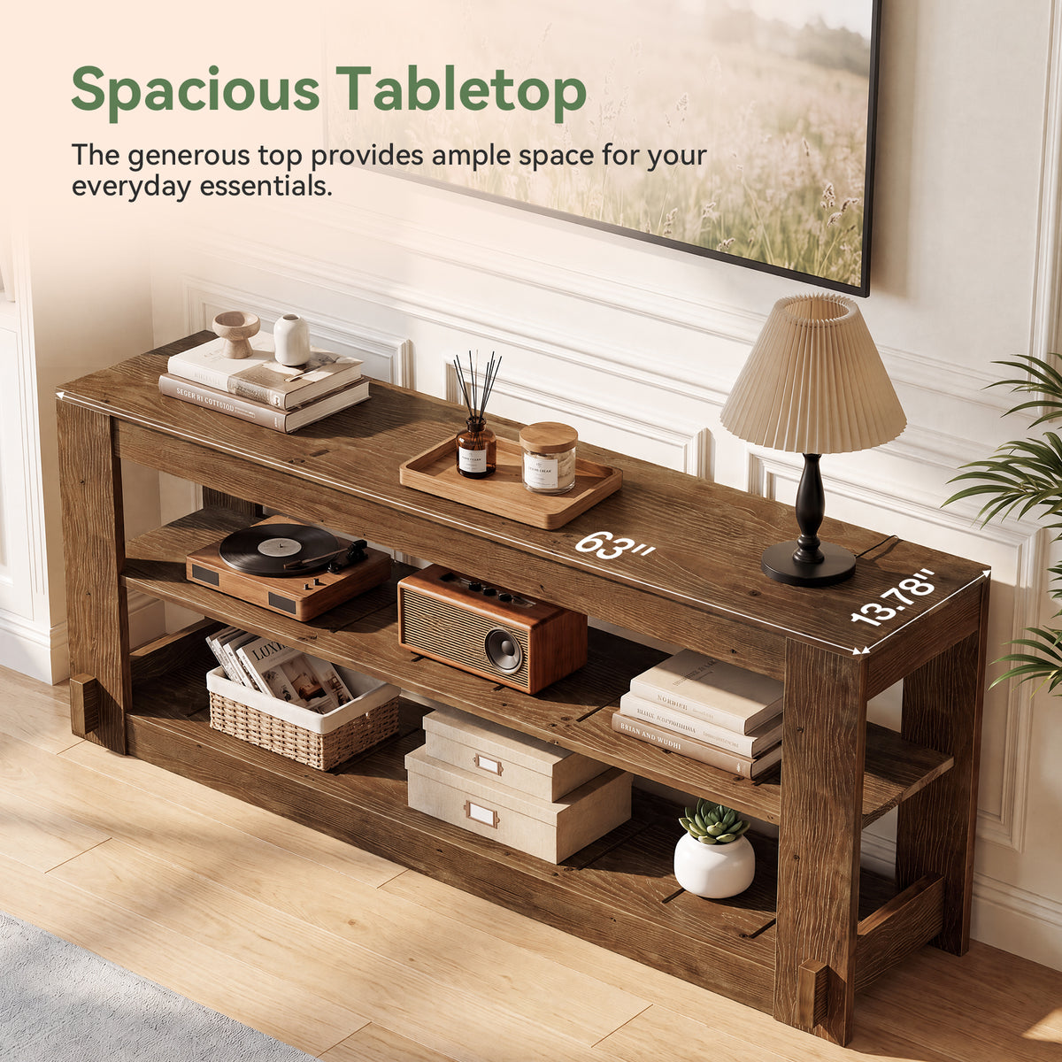 63" Solid Wood TV Stand, 3-Tier Media Entertainment Center for Living Room